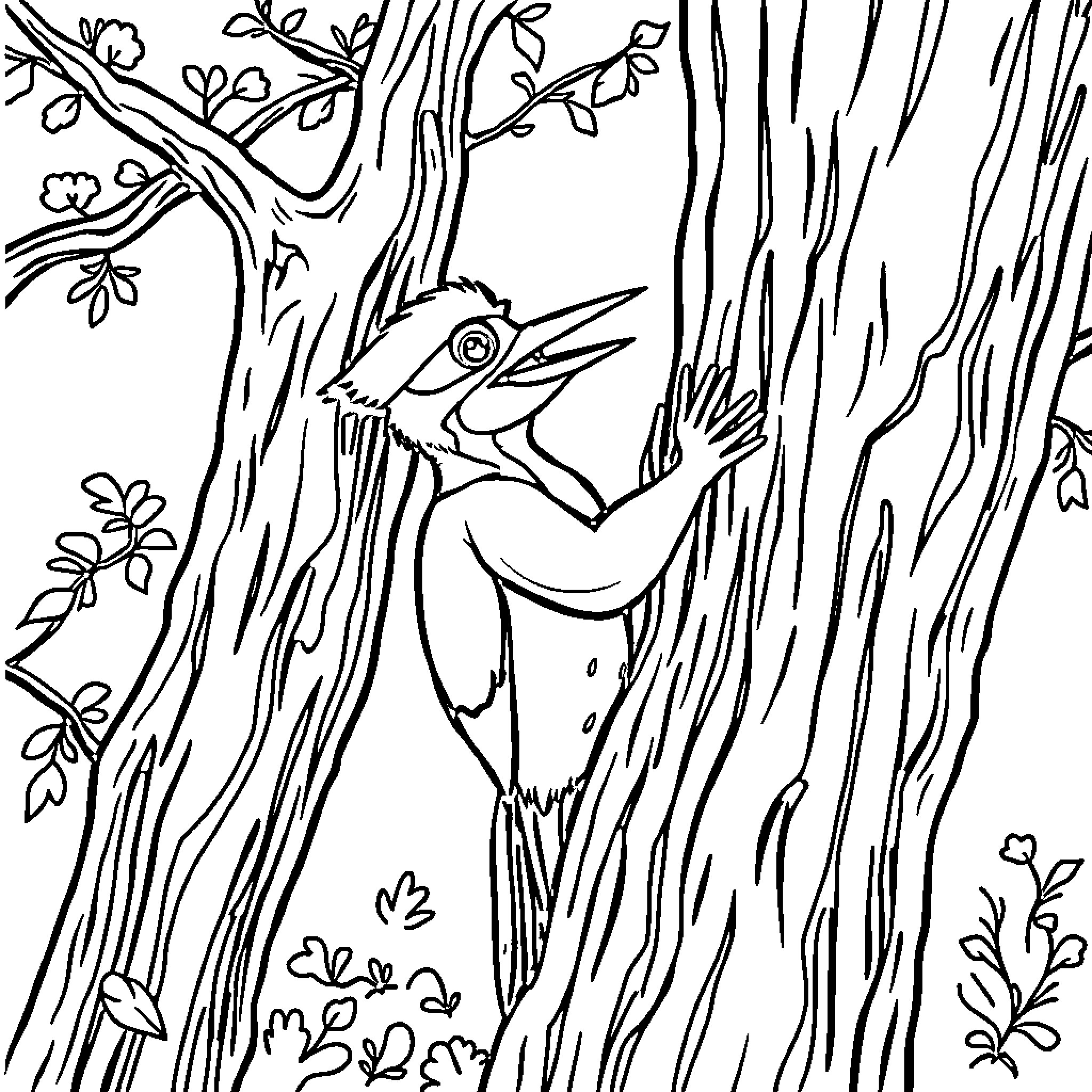 Woodpecker nesting in tree trunk surrounded by foliage Coloring Page (free black-and-white line drawing printable PDF for all, from beginners to advanced learners, including children, teens, adults, and seniors)