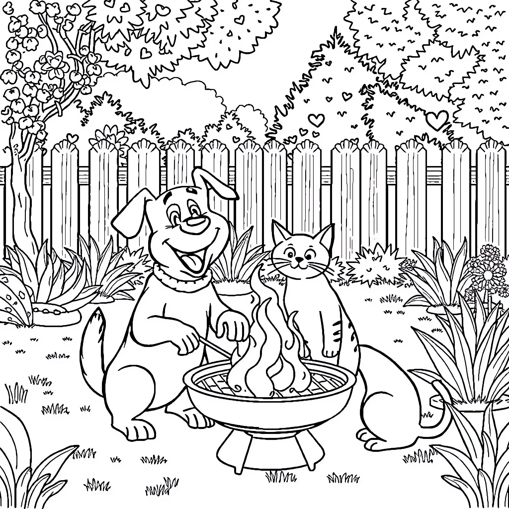 Dog and Cat Relaxing in the Garden Coloring Page (free black-and-white line drawing printable PDF for all, from beginners to advanced learners, including children, teens, adults, and seniors)