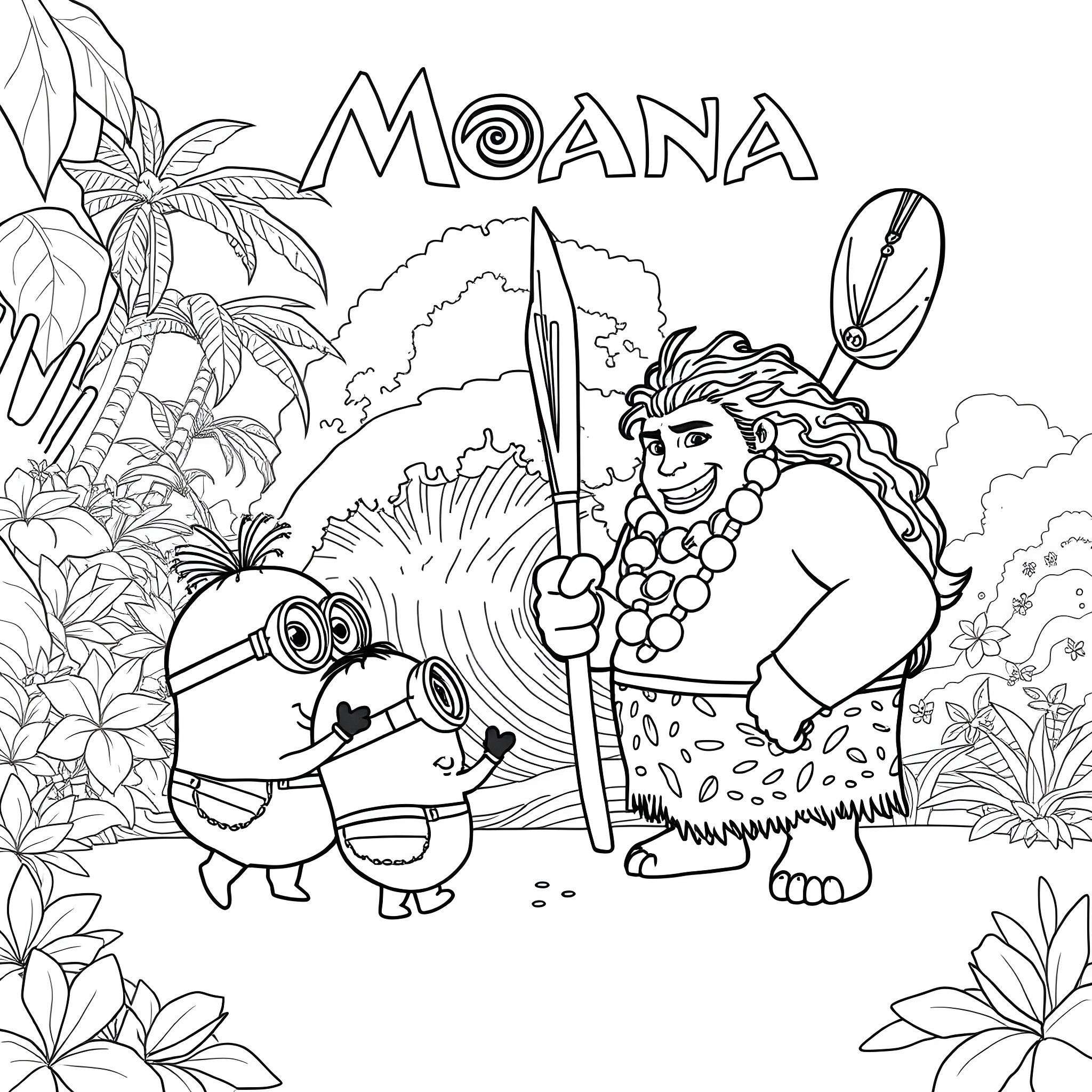 Minion and Moana on a tropical adventure Coloring Page (free black-and-white line drawing printable PDF for all, from beginners to advanced learners, including children, teens, adults, and seniors)