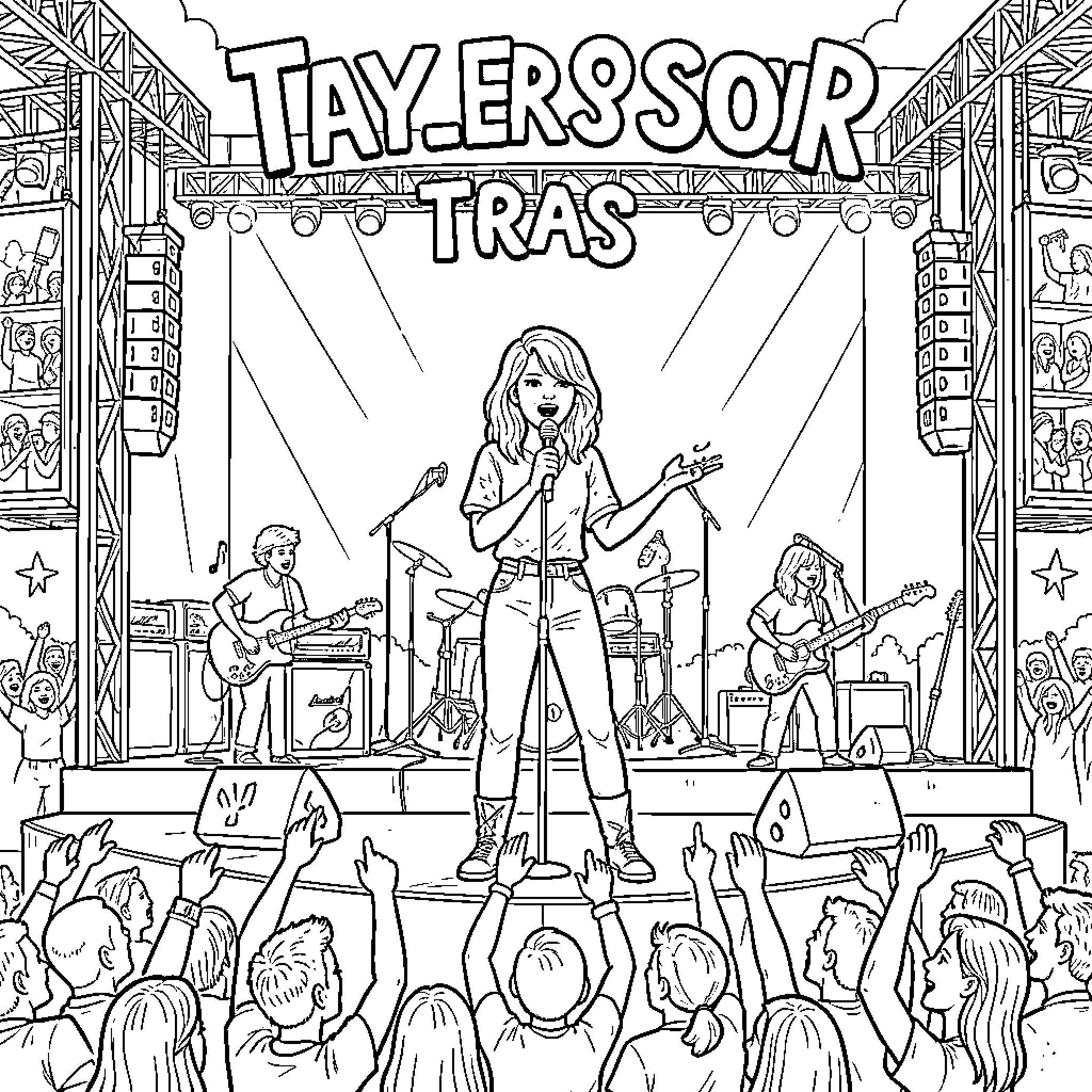 Taylor Swift performing on stage with a live band Coloring Page (free black-and-white line drawing printable PDF for all, from beginners to advanced learners, including children, teens, adults, and seniors)