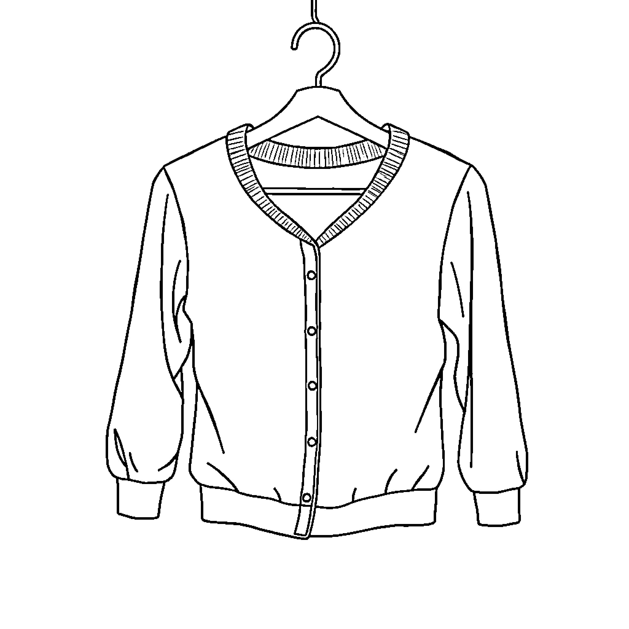 Uma wearing a cozy cardigan on a hanger Coloring Page (free black-and-white line drawing printable PDF for all, from beginners to advanced learners, including children, teens, adults, and seniors)