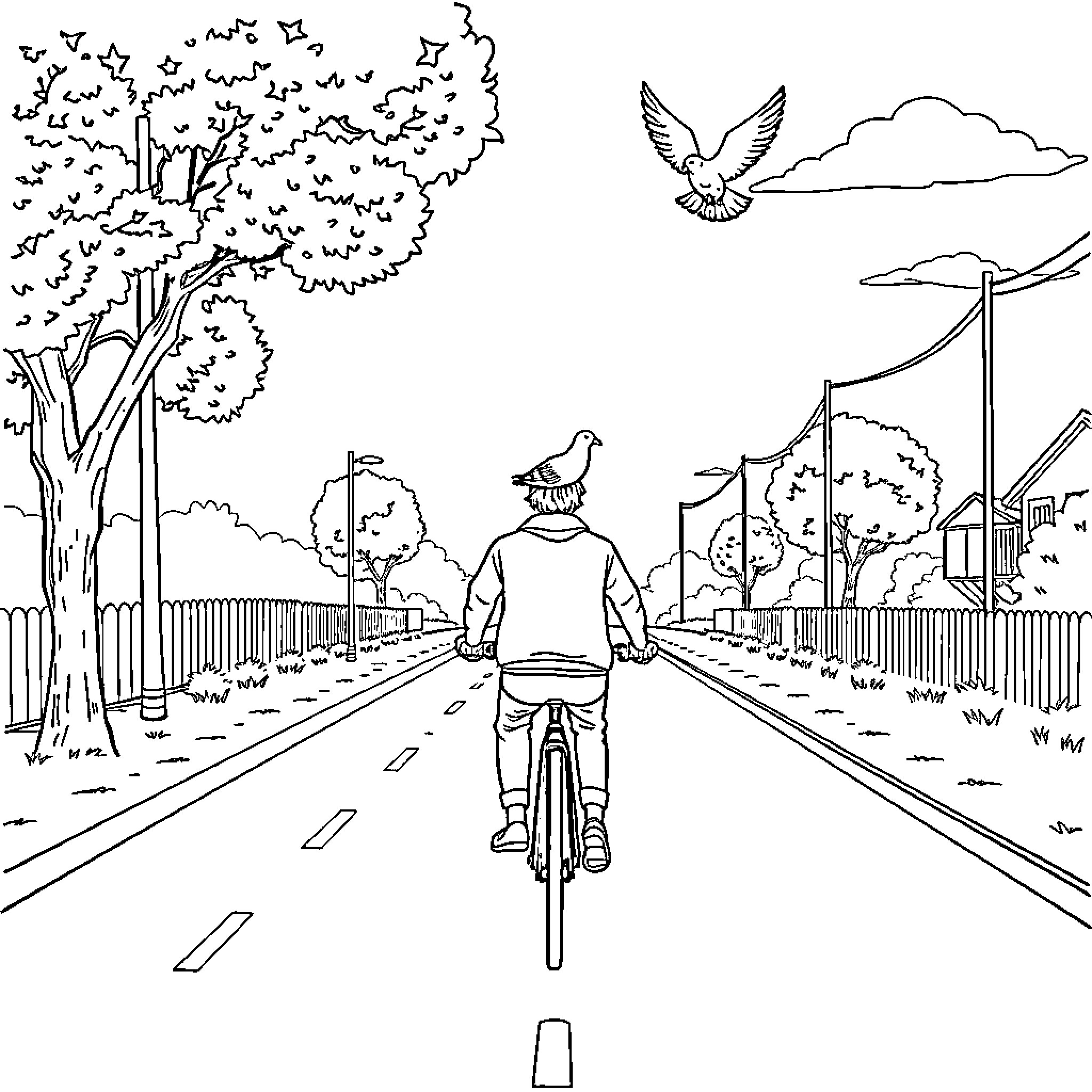 Person riding bicycle down tree-lined suburban street Coloring Page (free black-and-white line drawing printable PDF for all, from beginners to advanced learners, including children, teens, adults, and seniors)