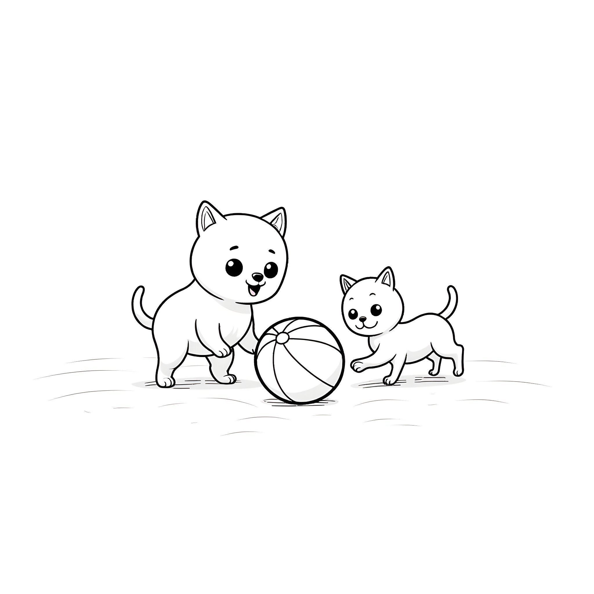 Siamese Cats Playing with Ball Coloring Page (free black-and-white line drawing printable PDF for all, from beginners to advanced learners, including children, teens, adults, and seniors)