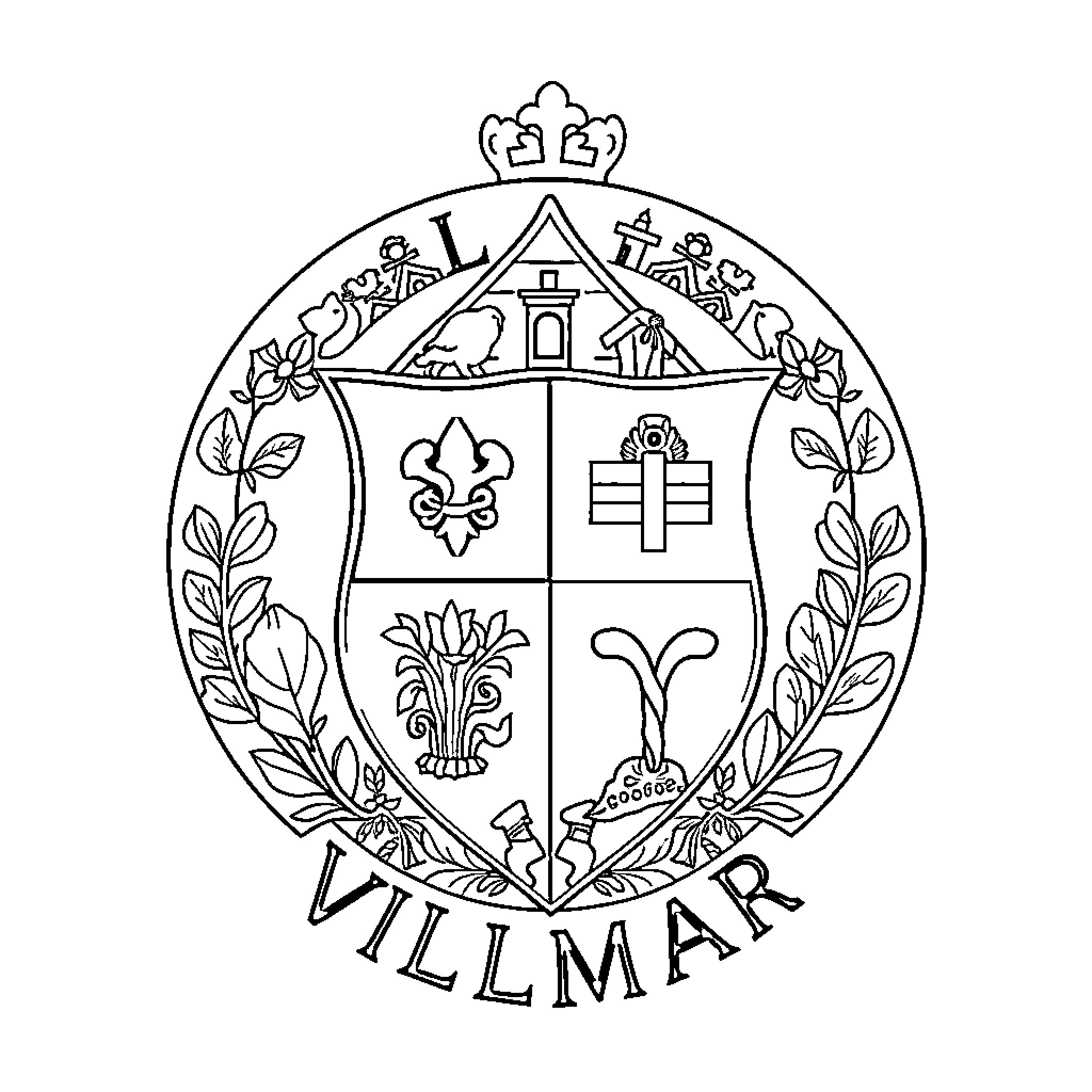 Emblem depicting symbols and heraldic elements Coloring Page (free black-and-white line drawing printable PDF for all, from beginners to advanced learners, including children, teens, adults, and seniors)