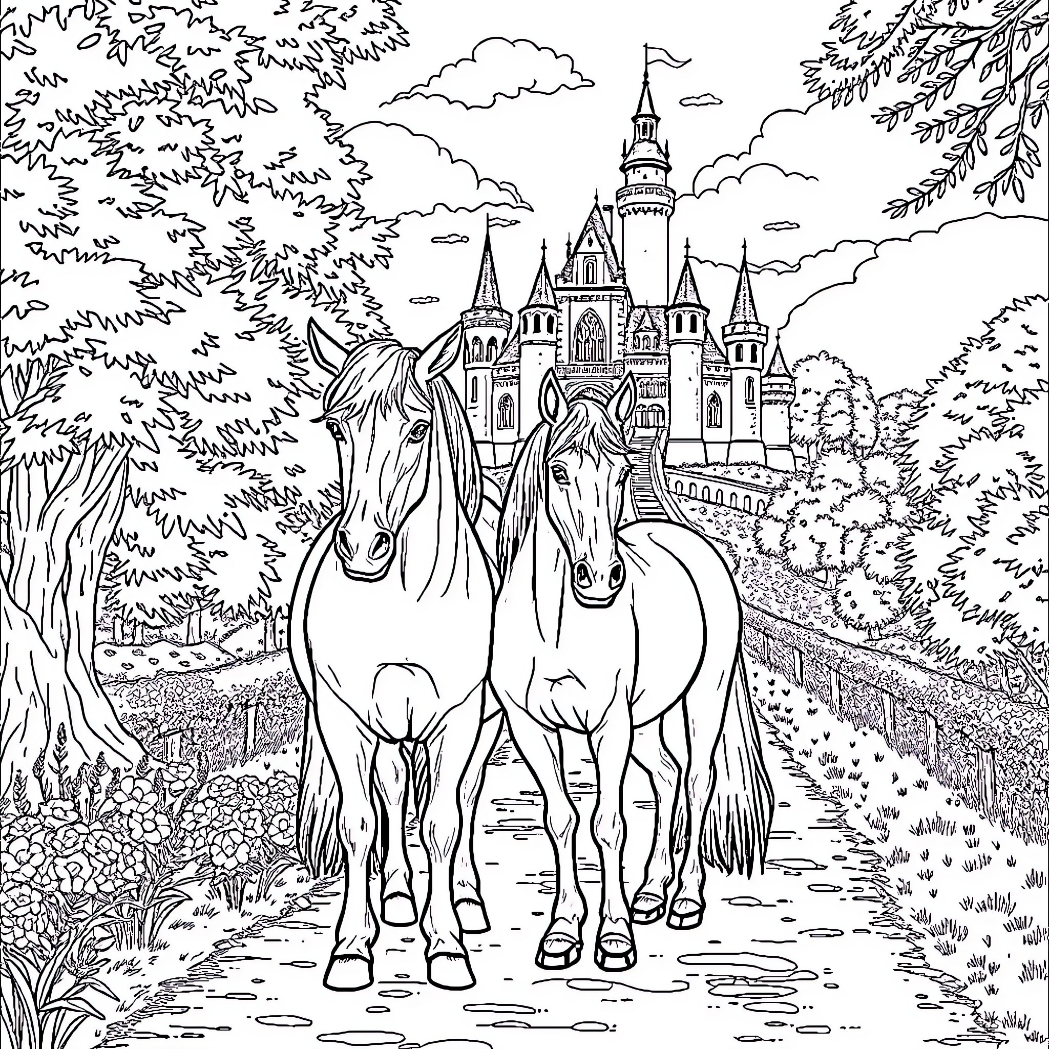 Unicorn pair walking towards majestic fantasy castle Coloring Page (free black-and-white line drawing printable PDF for all, from beginners to advanced learners, including children, teens, adults, and seniors)