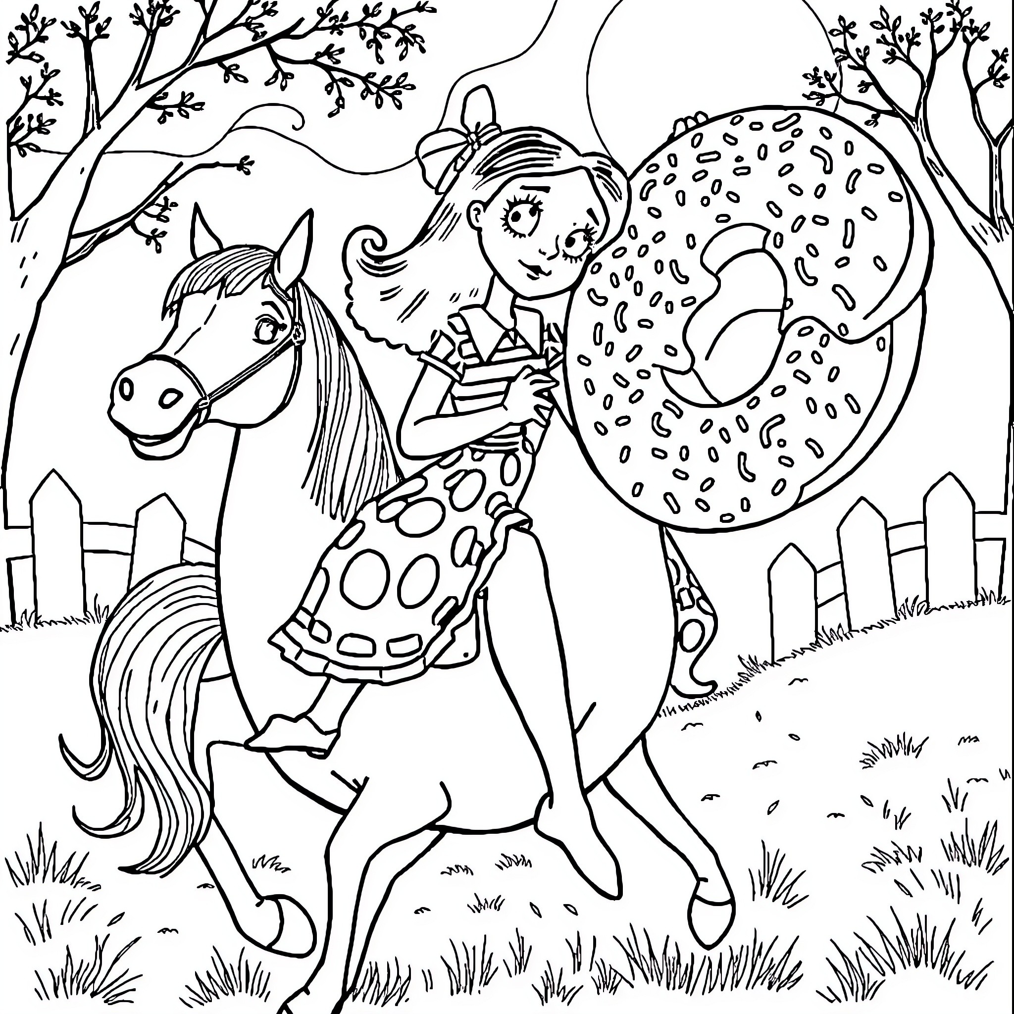 Wednesday Addams Riding a Spotted Horse Coloring Page (free black-and-white line drawing printable PDF for all, from beginners to advanced learners, including children, teens, adults, and seniors)