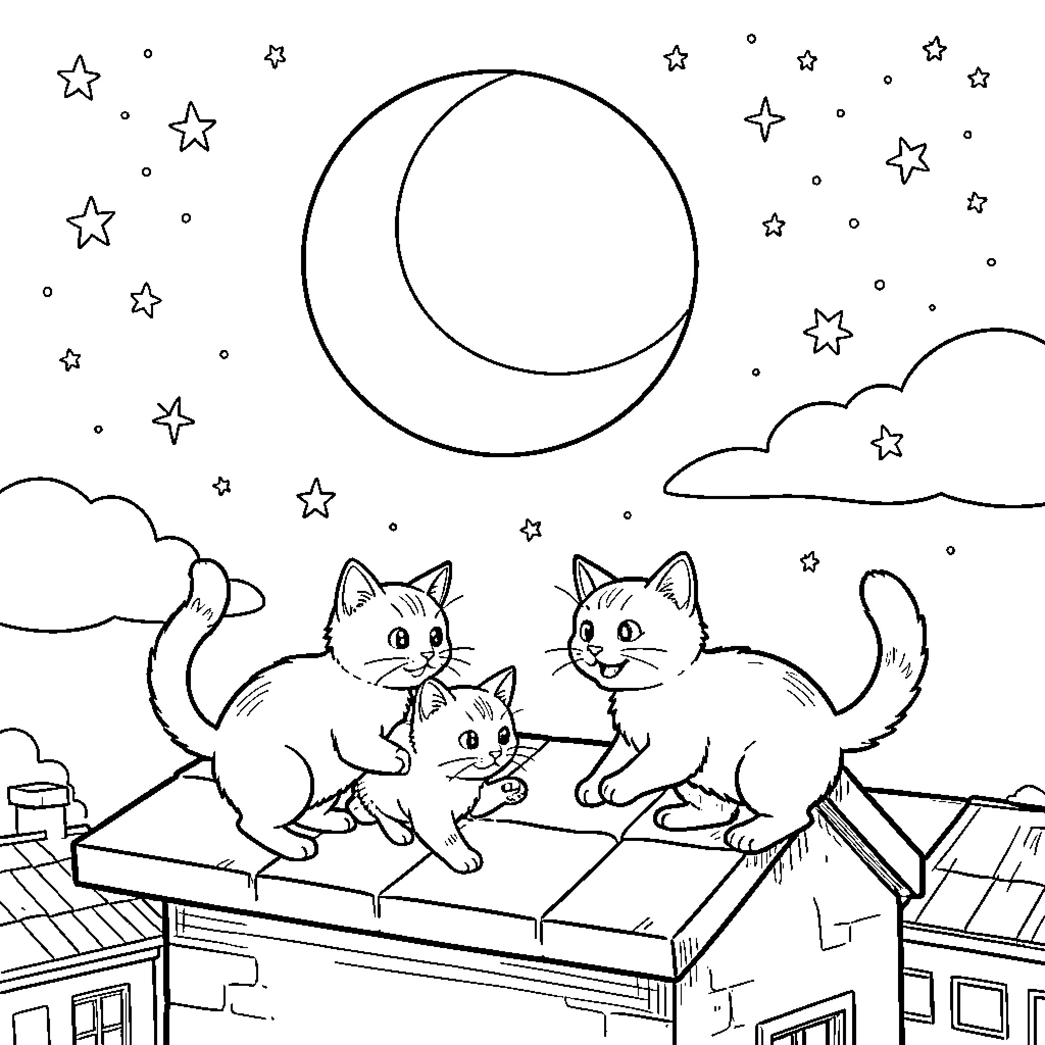 Kittens playing on the rooftop under the starry night sky Coloring Page (free black-and-white line drawing printable PDF for all, from beginners to advanced learners, including children, teens, adults, and seniors)