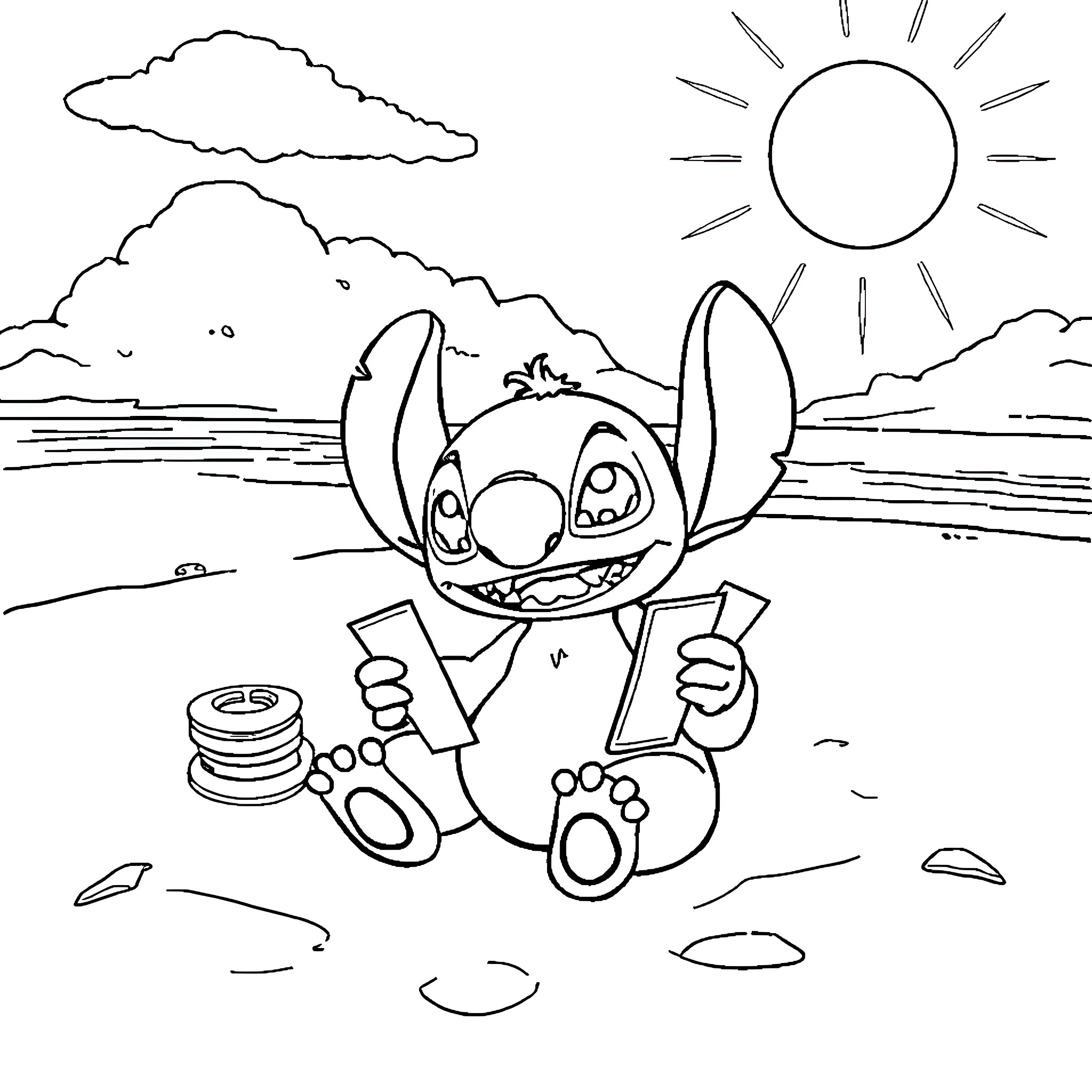 Stitch enjoying a day at the beach Coloring Page (free black-and-white line drawing printable PDF for all, from beginners to advanced learners, including children, teens, adults, and seniors)