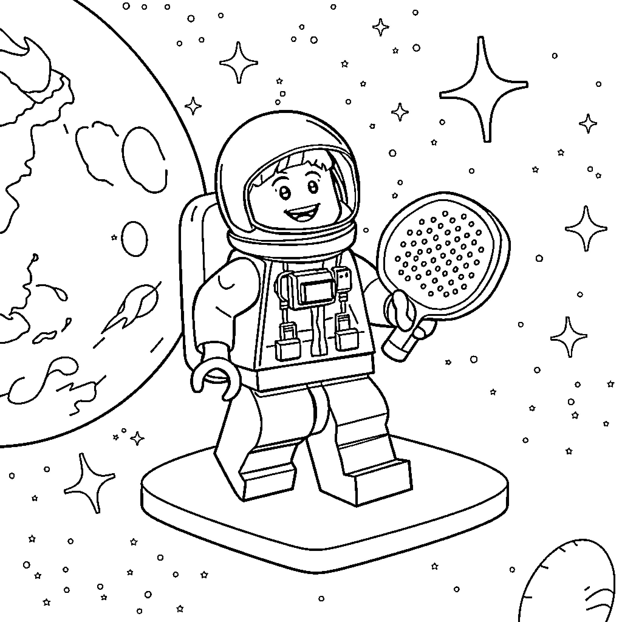 Lego Man exploring the cosmos with a telescope Coloring Page (free black-and-white line drawing printable PDF for all, from beginners to advanced learners, including children, teens, adults, and seniors)