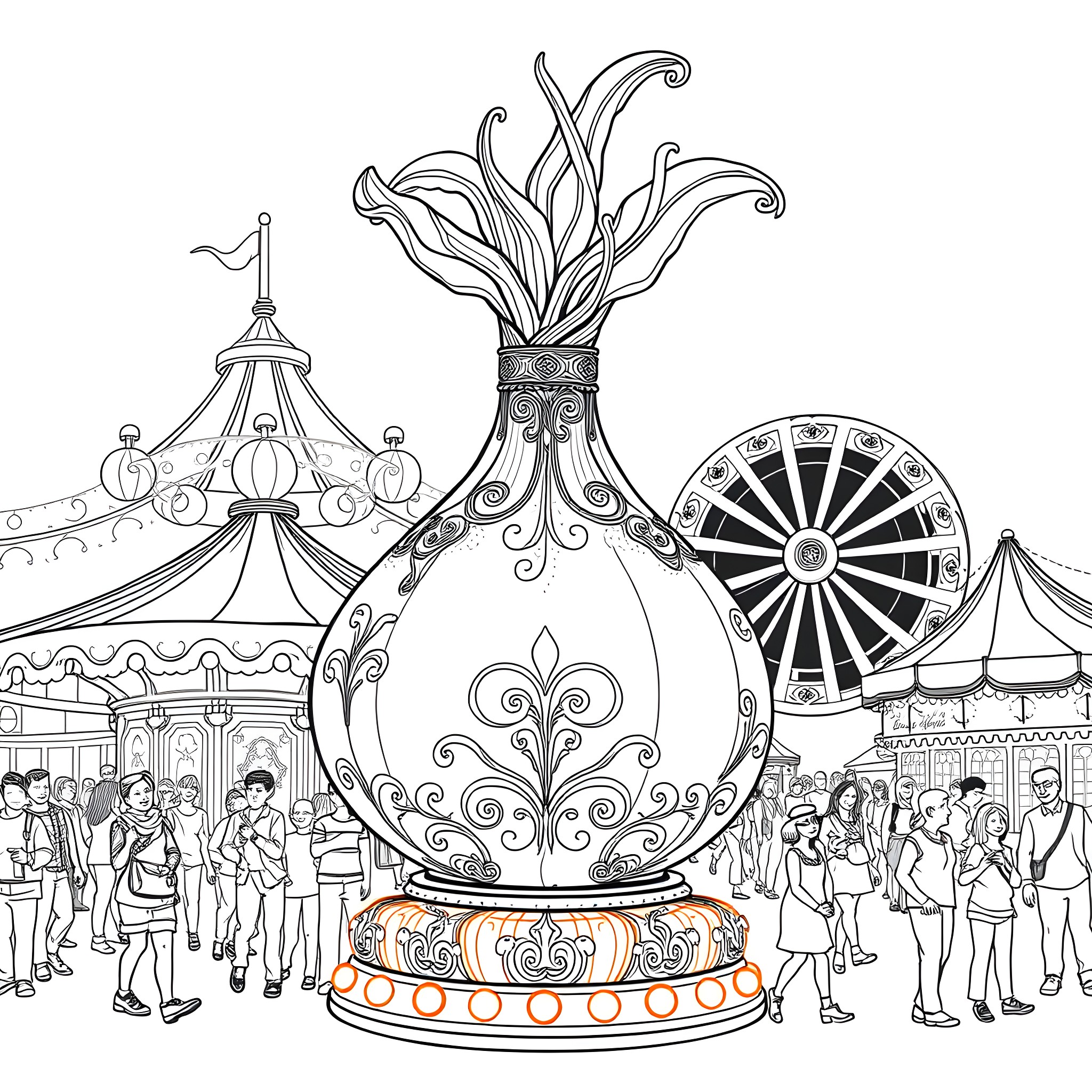 Onion-shaped carnival attraction with crowd of people Coloring Page (free black-and-white line drawing printable PDF for all, from beginners to advanced learners, including children, teens, adults, and seniors)