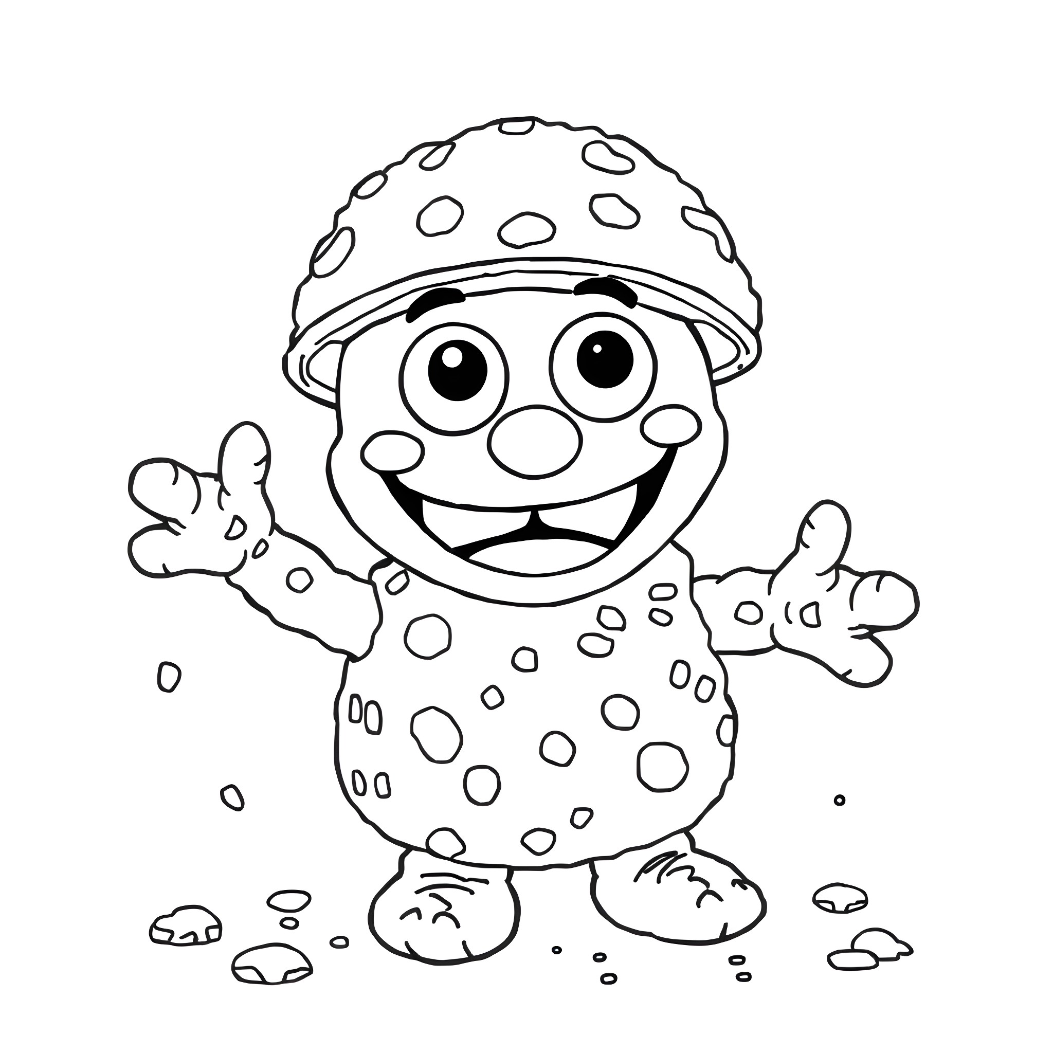 Cookie Monster excitedly exploring nature Coloring Page (free black-and-white line drawing printable PDF for all, from beginners to advanced learners, including children, teens, adults, and seniors)