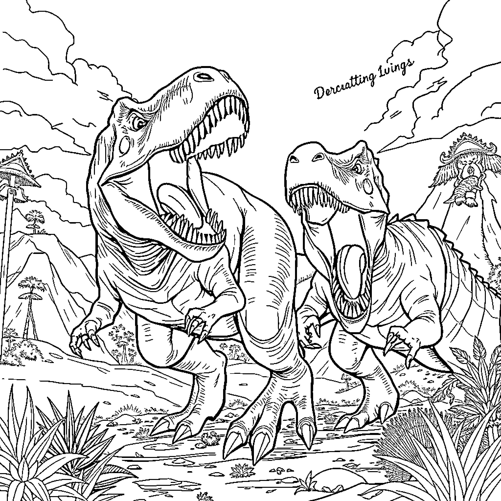 T-Rex Duo Roaming the Prehistoric Landscape Coloring Page (free black-and-white line drawing printable PDF for all, from beginners to advanced learners, including children, teens, adults, and seniors)
