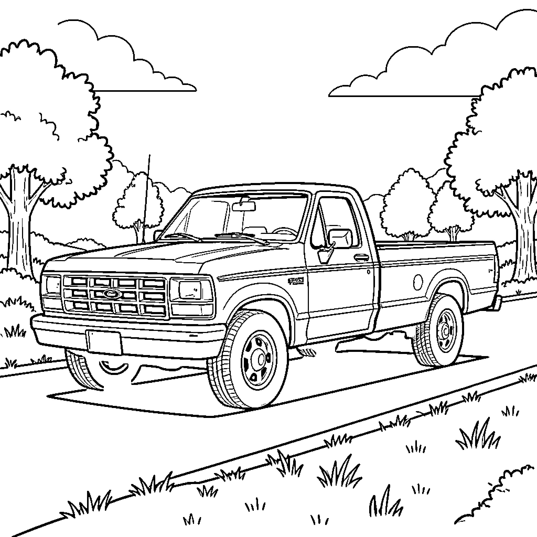 Ford F250 driving along a scenic road through trees Coloring Page (free black-and-white line drawing printable PDF for all, from beginners to advanced learners, including children, teens, adults, and seniors)