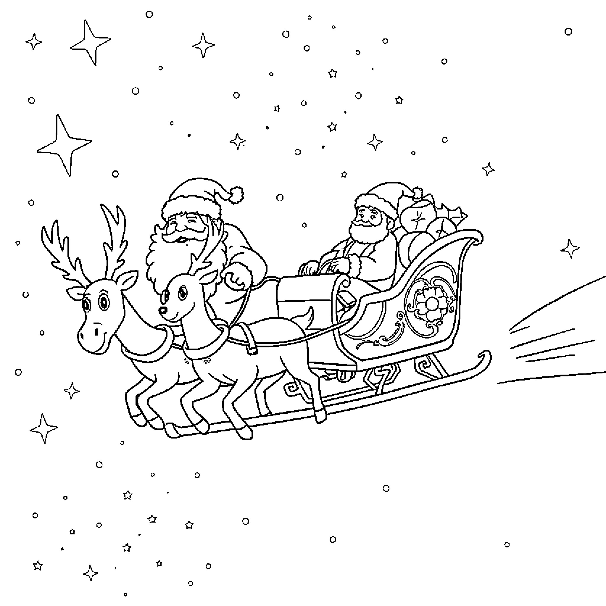 Santa riding his sleigh with reindeer in the snowy night Coloring Page (free black-and-white line drawing printable PDF for all, from beginners to advanced learners, including children, teens, adults, and seniors)