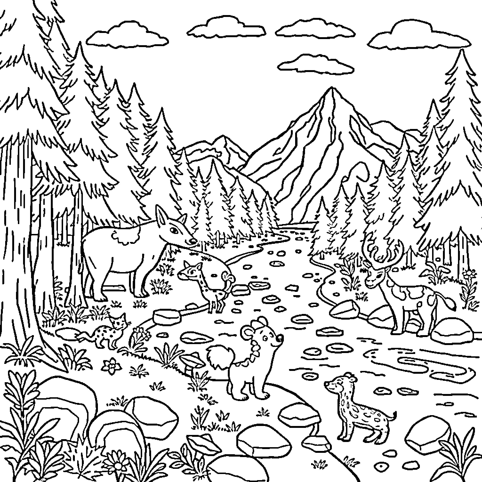 Wildlife in the Wilderness Landscape Coloring Page (free black-and-white line drawing printable PDF for all, from beginners to advanced learners, including children, teens, adults, and seniors)