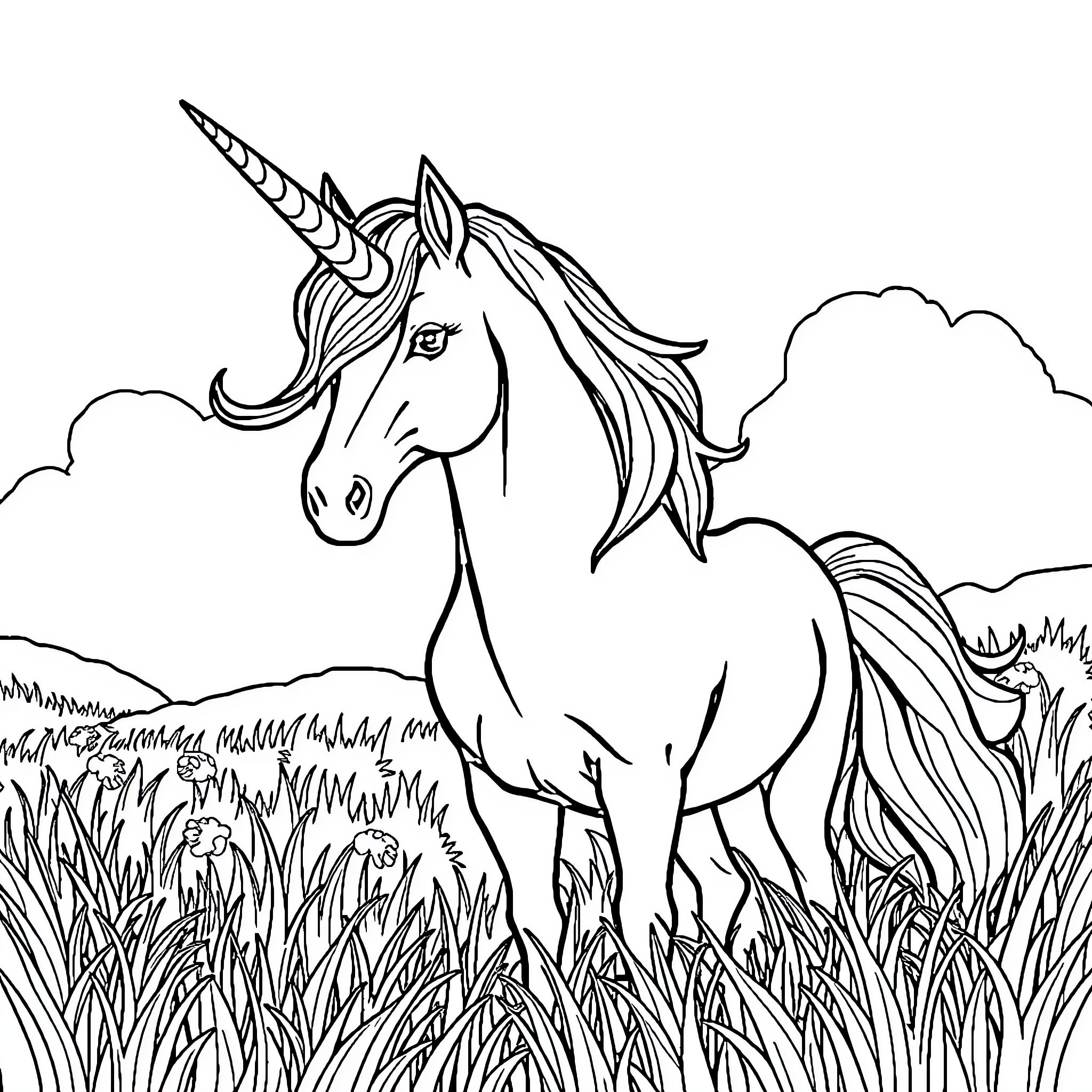 Unicorn standing majestically in a grassy field Coloring Page (free black-and-white line drawing printable PDF for all, from beginners to advanced learners, including children, teens, adults, and seniors)