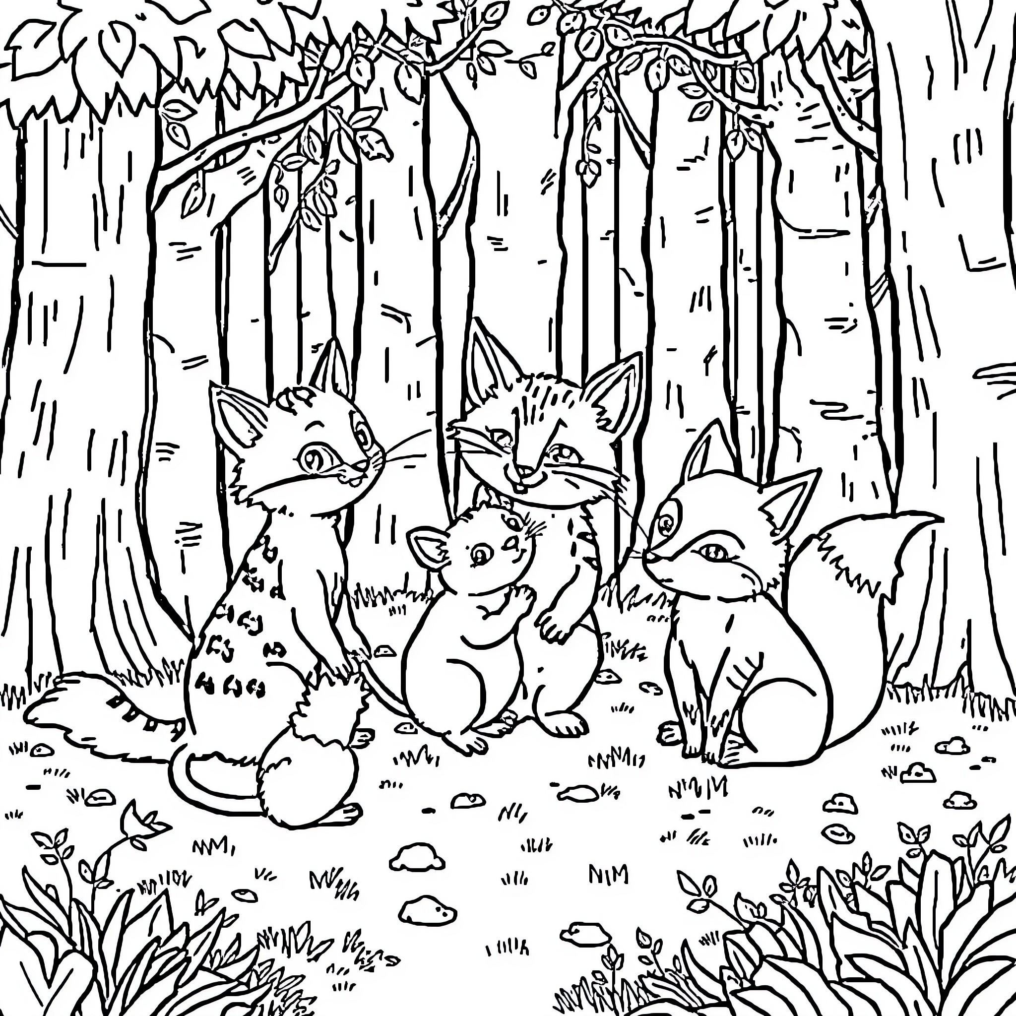 Catkin Foxes Frolicking in the Forest Coloring Page (free black-and-white line drawing printable PDF for all, from beginners to advanced learners, including children, teens, adults, and seniors)