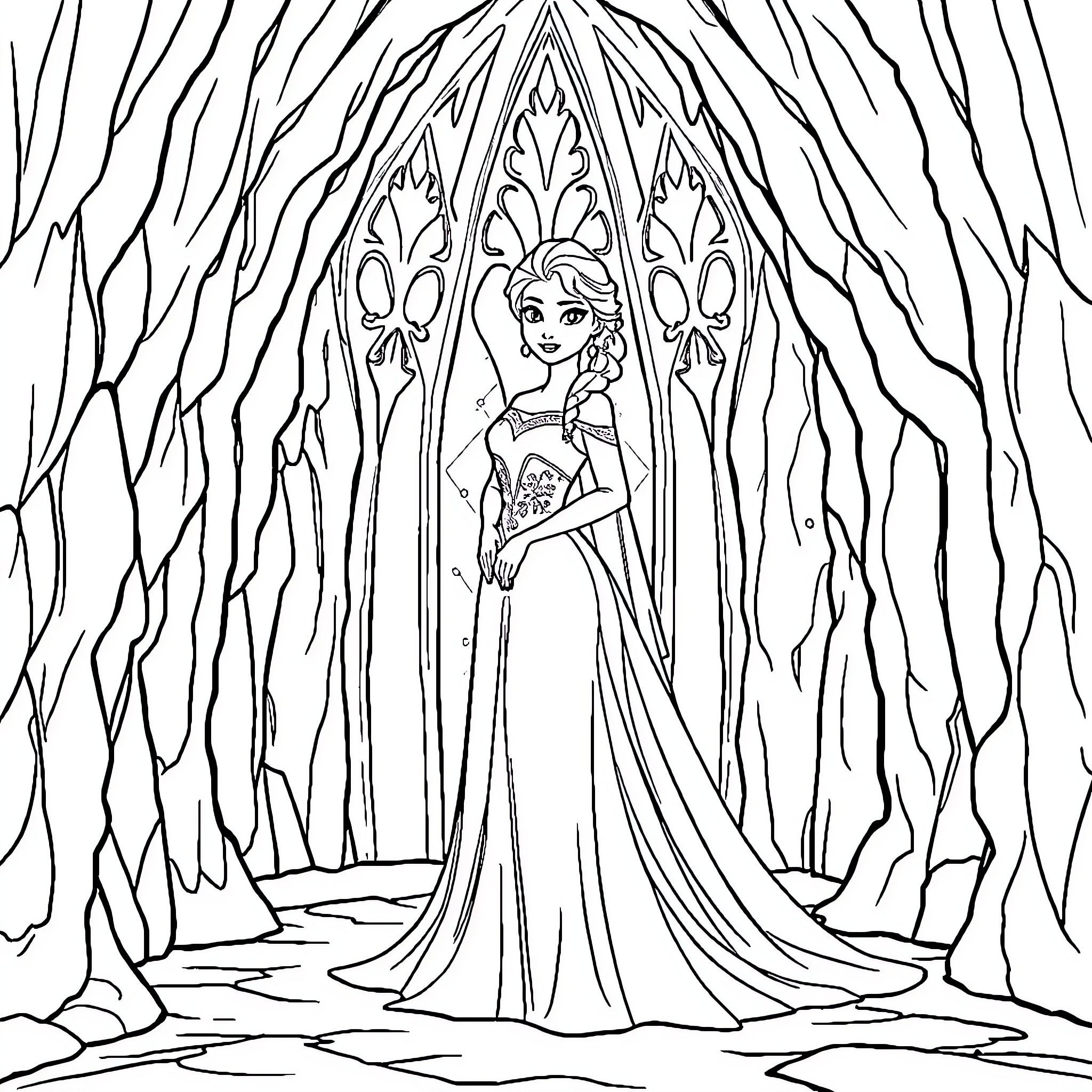 Elsa's Regal Splendor in the Enchanted Forest Coloring Page (free black-and-white line drawing printable PDF for all, from beginners to advanced learners, including children, teens, adults, and seniors)