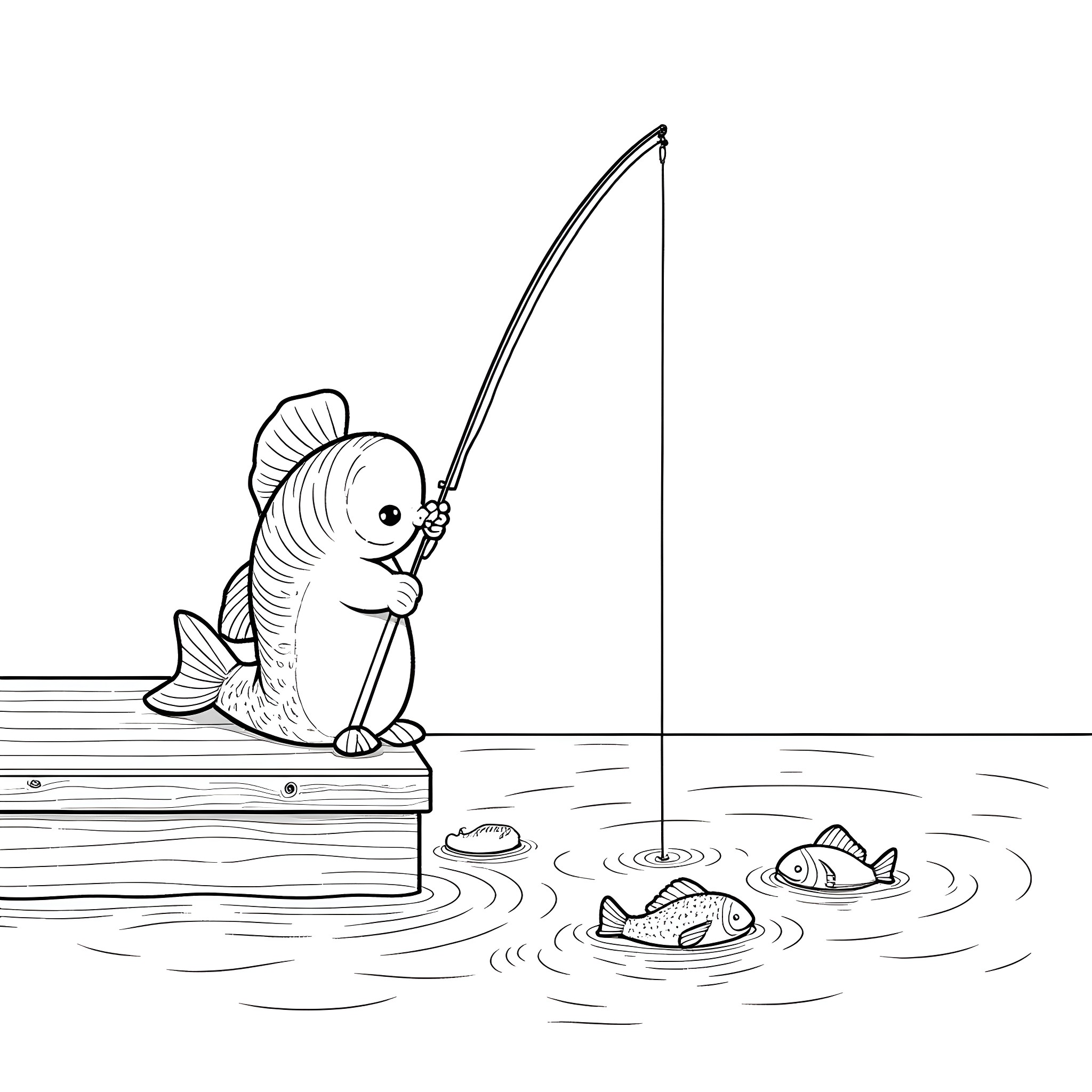 Fish fishing on a dock Coloring Page (free black-and-white line drawing printable PDF for all, from beginners to advanced learners, including children, teens, adults, and seniors)