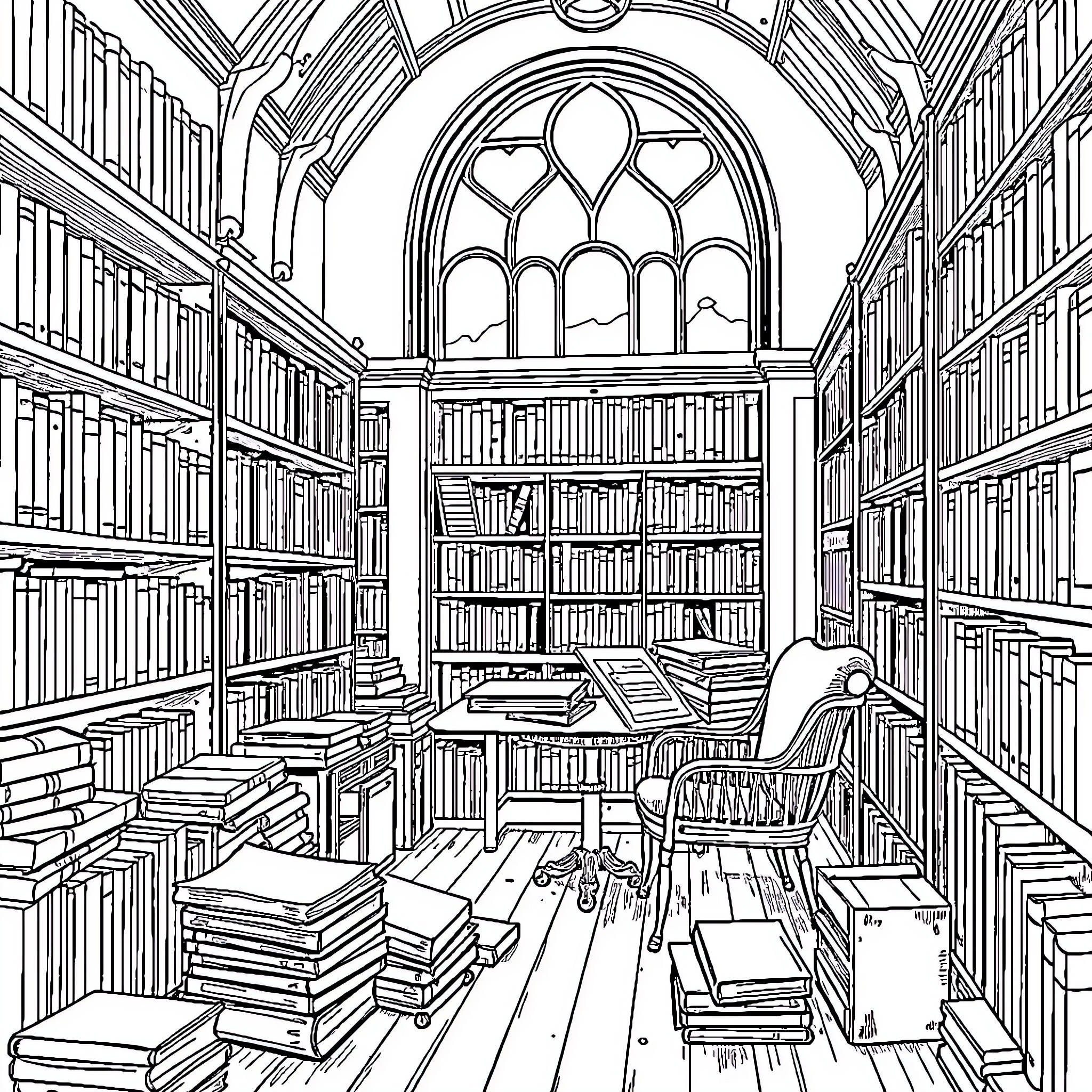 Nachtwacht: Intricate library with arched windows and bookshelves Coloring Page (free black-and-white line drawing printable PDF for all, from beginners to advanced learners, including children, teens, adults, and seniors)