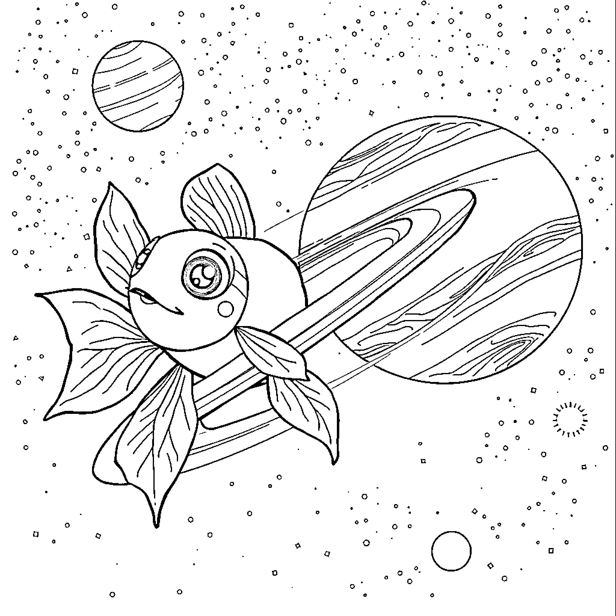 Pompompurin swimming in the cosmic sea Coloring Page (free black-and-white line drawing printable PDF for all, from beginners to advanced learners, including children, teens, adults, and seniors)