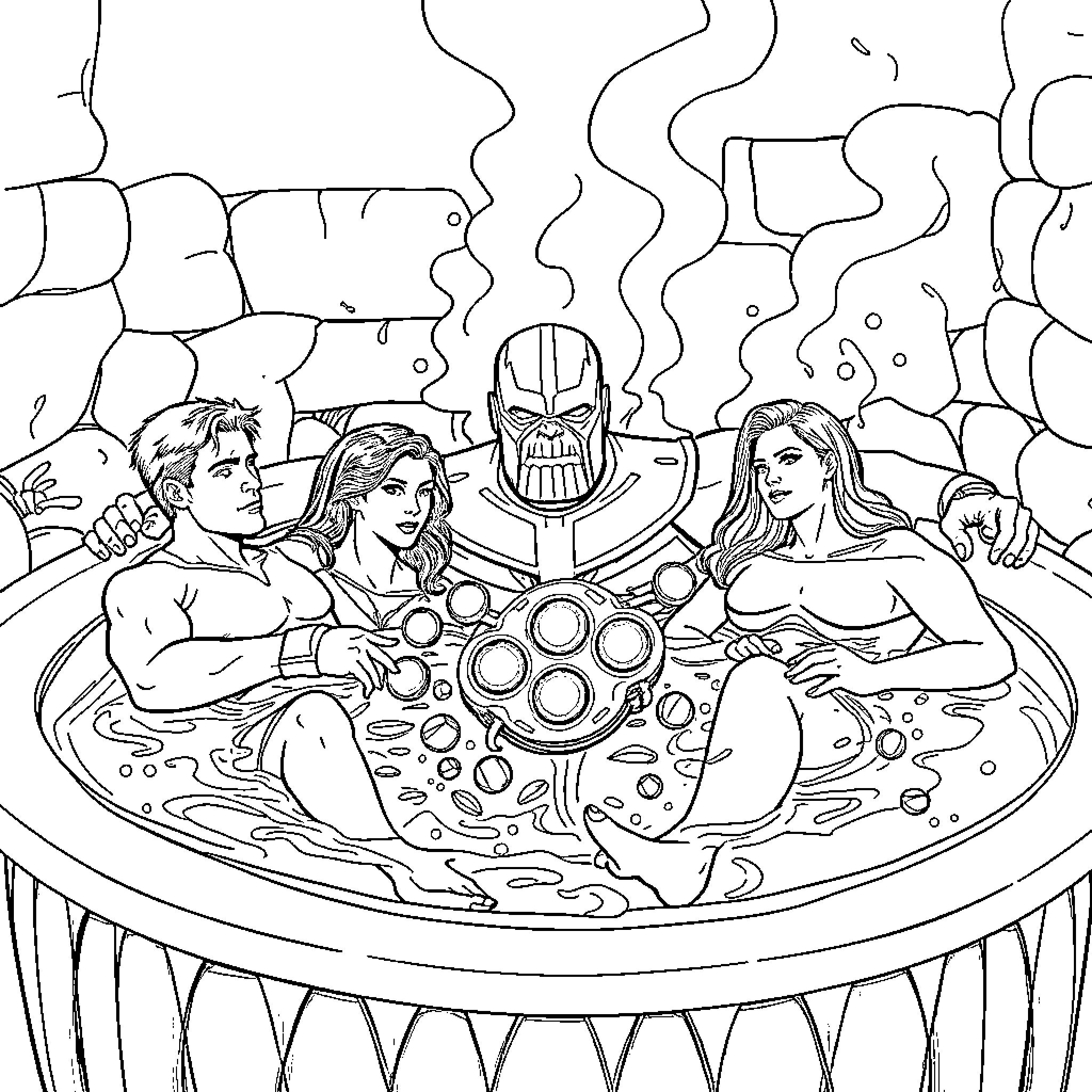 Avenger heroes enjoying a relaxing hot tub moment Coloring Page (free black-and-white line drawing printable PDF for all, from beginners to advanced learners, including children, teens, adults, and seniors)