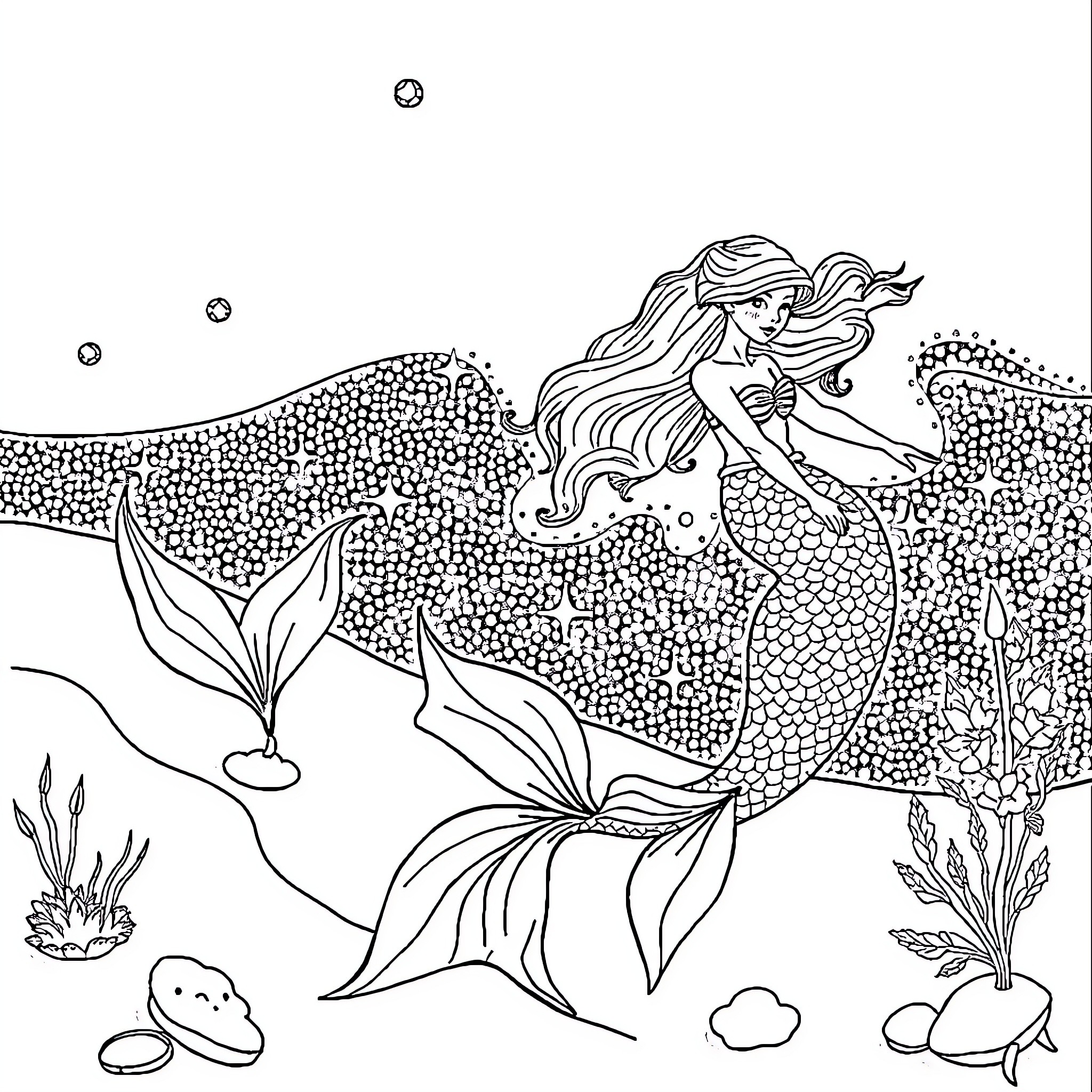 Mermaid exploring the underwater world Coloring Page (free black-and-white line drawing printable PDF for all, from beginners to advanced learners, including children, teens, adults, and seniors)