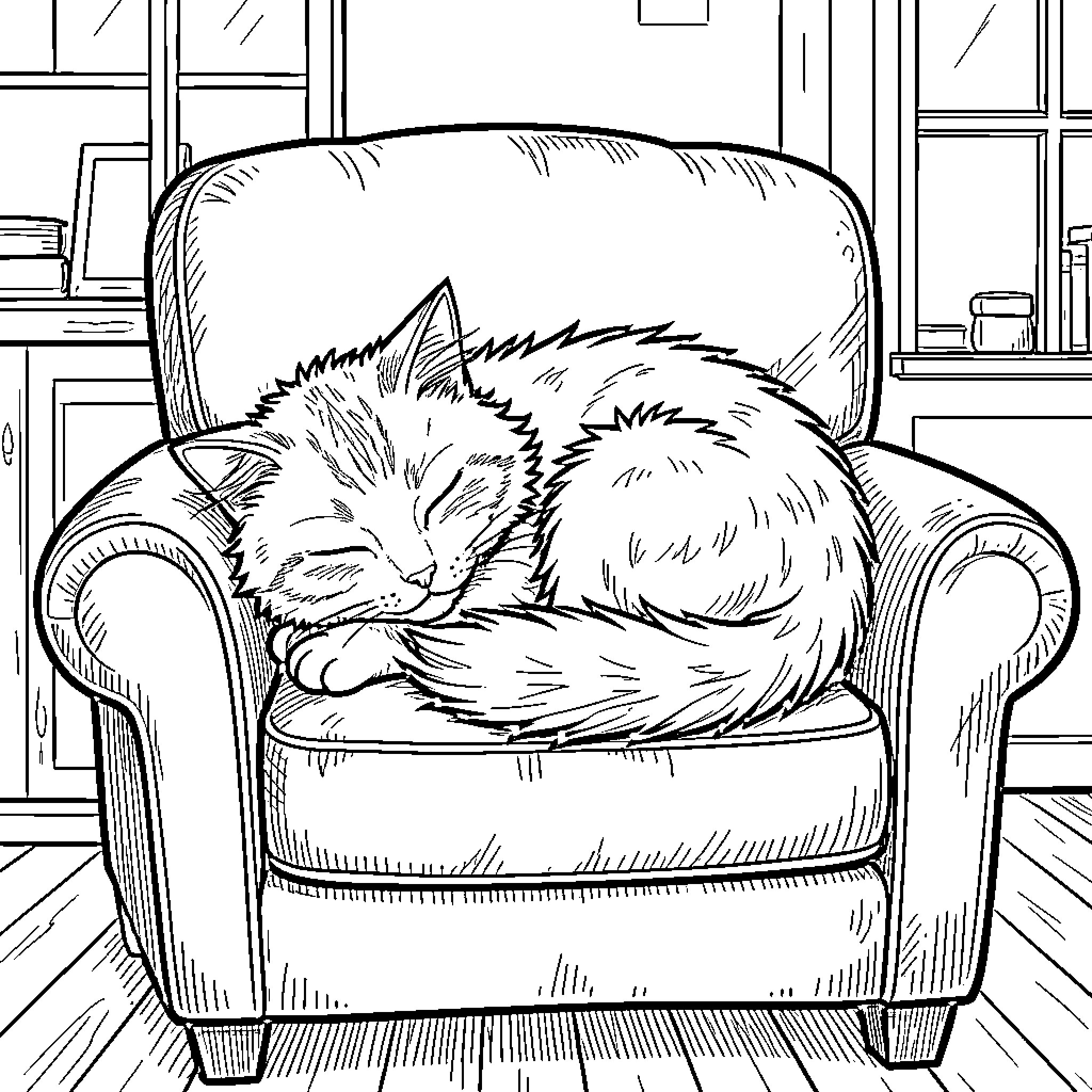 Cat sleeping peacefully on armchair Coloring Page (free black-and-white line drawing printable PDF for all, from beginners to advanced learners, including children, teens, adults, and seniors)