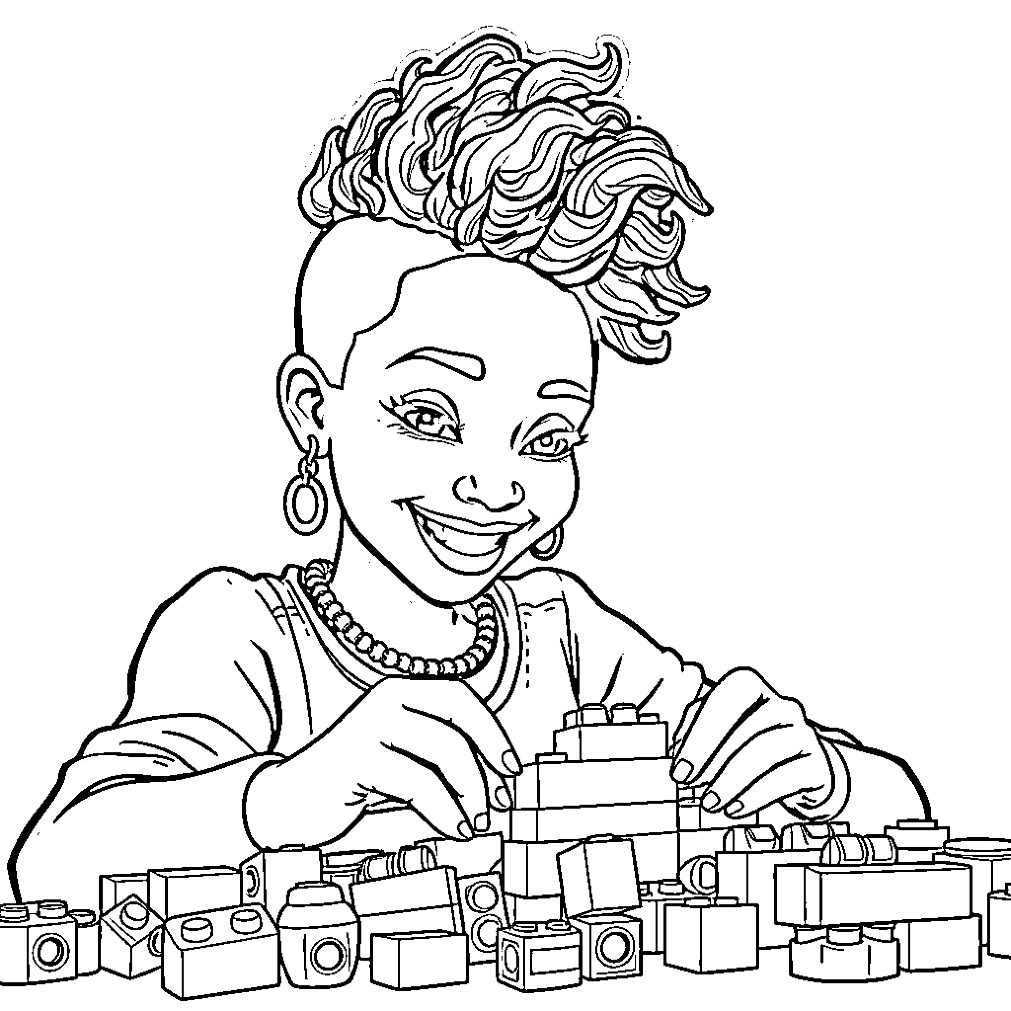 Woman playing happily with building blocks Coloring Page (free black-and-white line drawing printable PDF for all, from beginners to advanced learners, including children, teens, adults, and seniors)