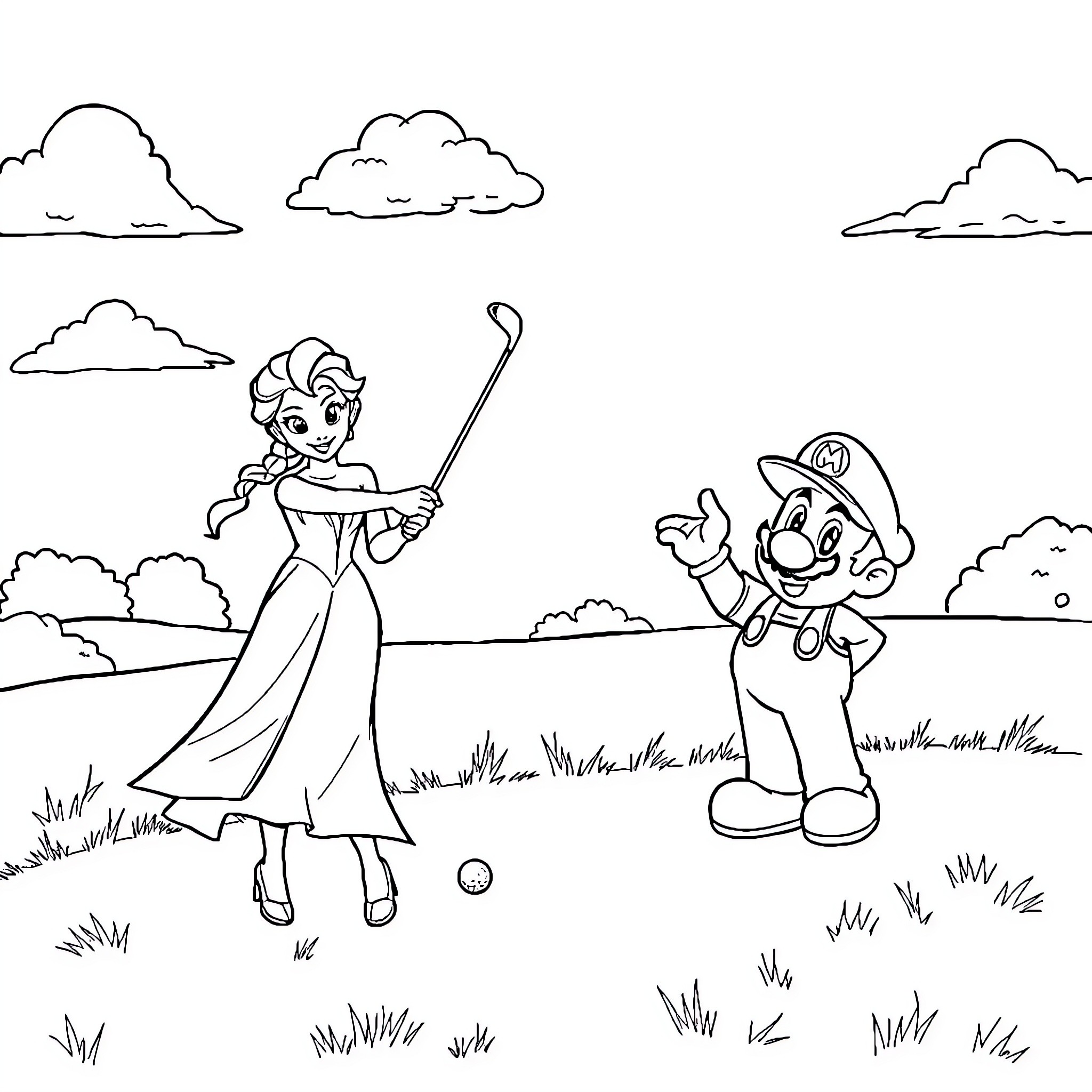 Elsa and Mario play together on a grassy field Coloring Page (free black-and-white line drawing printable PDF for all, from beginners to advanced learners, including children, teens, adults, and seniors)