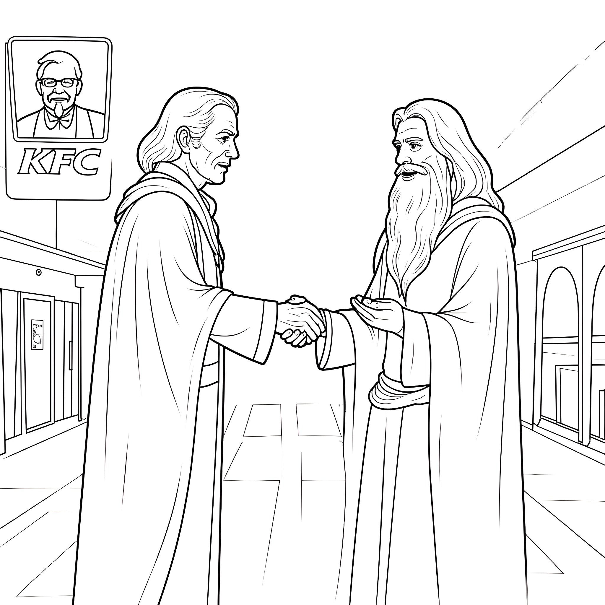Gandalf meeting with a mysterious figure in a city street Coloring Page (free black-and-white line drawing printable PDF for all, from beginners to advanced learners, including children, teens, adults, and seniors)