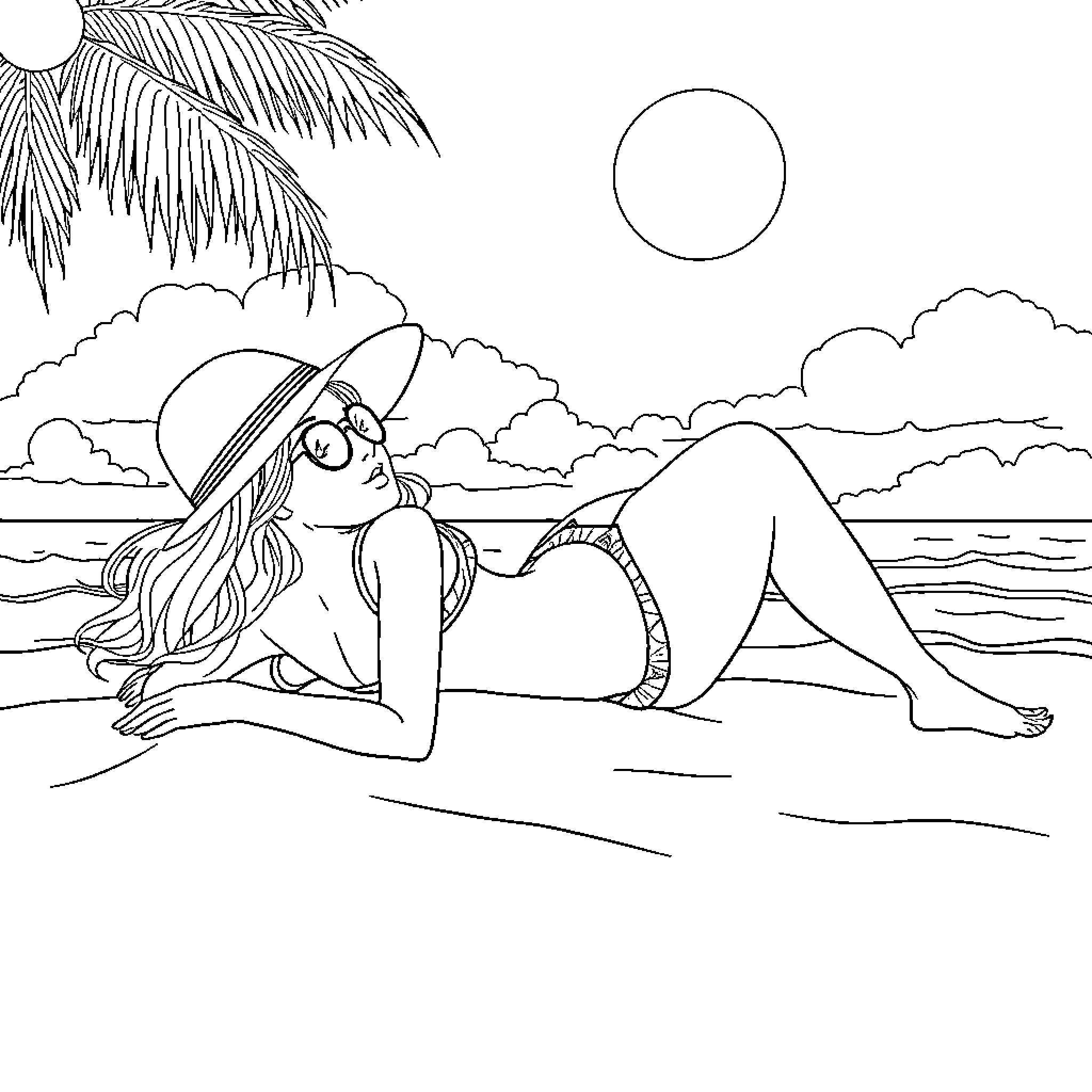 Girl relaxing on the beach under palm trees Coloring Page (free black-and-white line drawing printable PDF for all, from beginners to advanced learners, including children, teens, adults, and seniors)