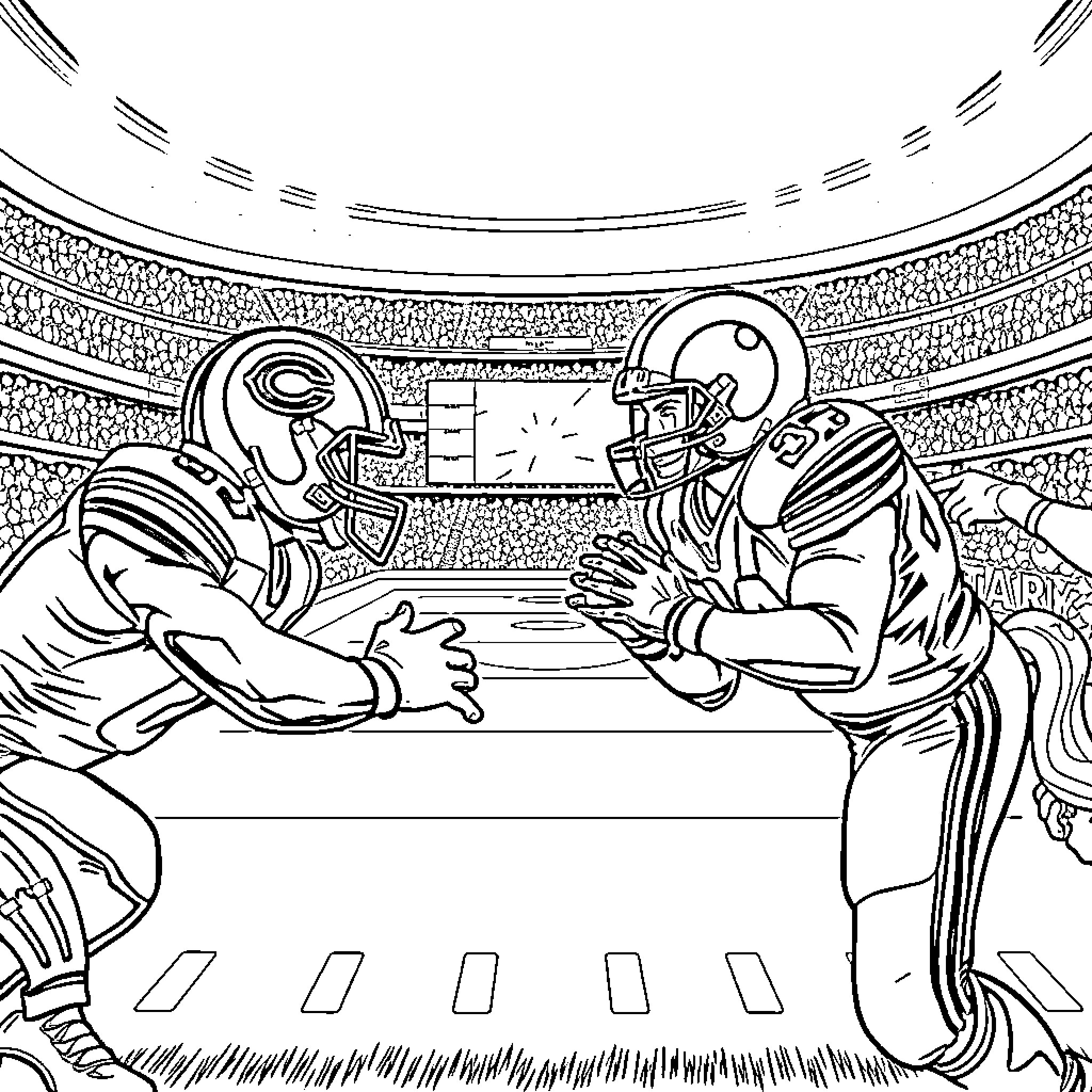 Football players clashing in intense game on field Coloring Page (free black-and-white line drawing printable PDF for all, from beginners to advanced learners, including children, teens, adults, and seniors)