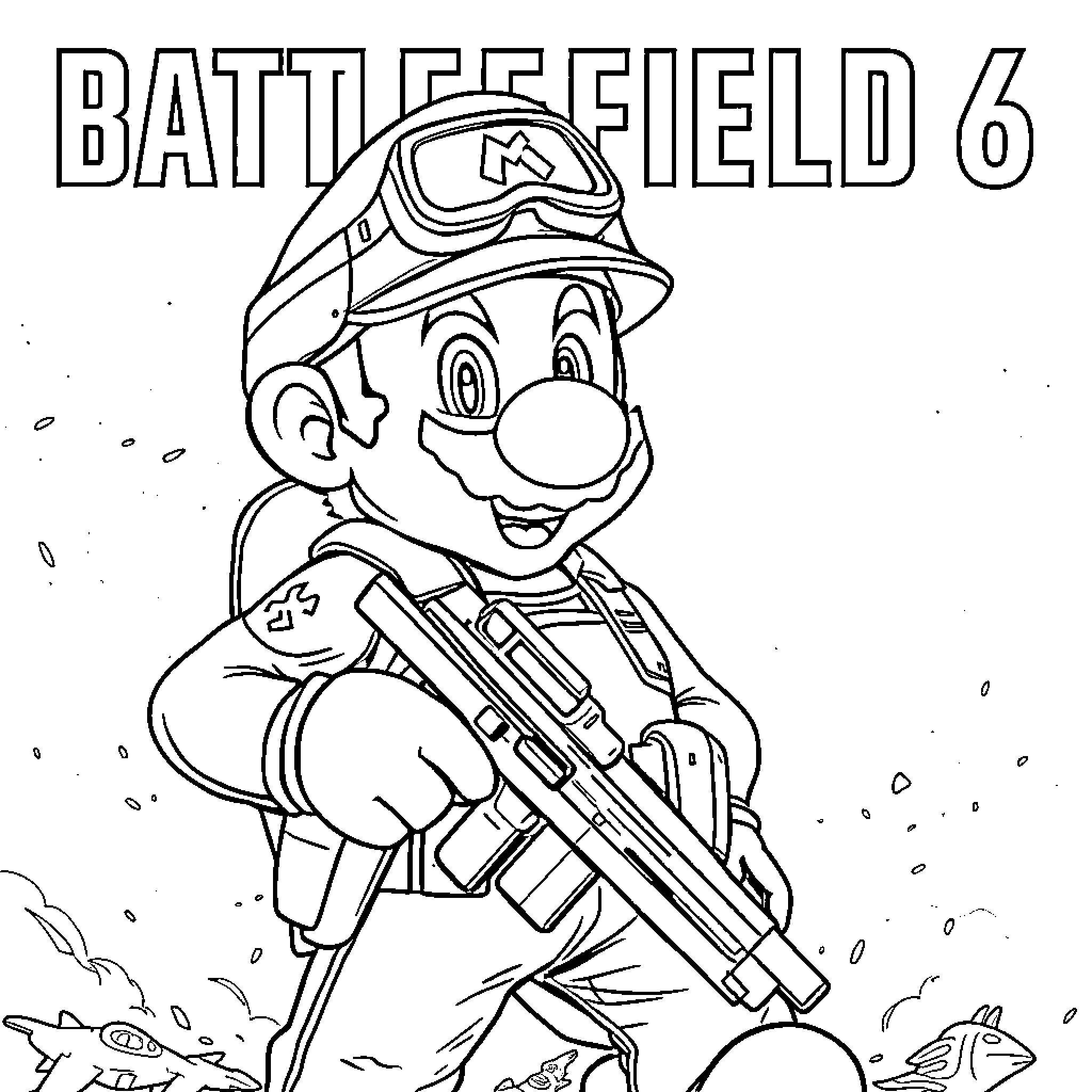 Mario on the Battlefield Coloring Page (free black-and-white line drawing printable PDF for all, from beginners to advanced learners, including children, teens, adults, and seniors)