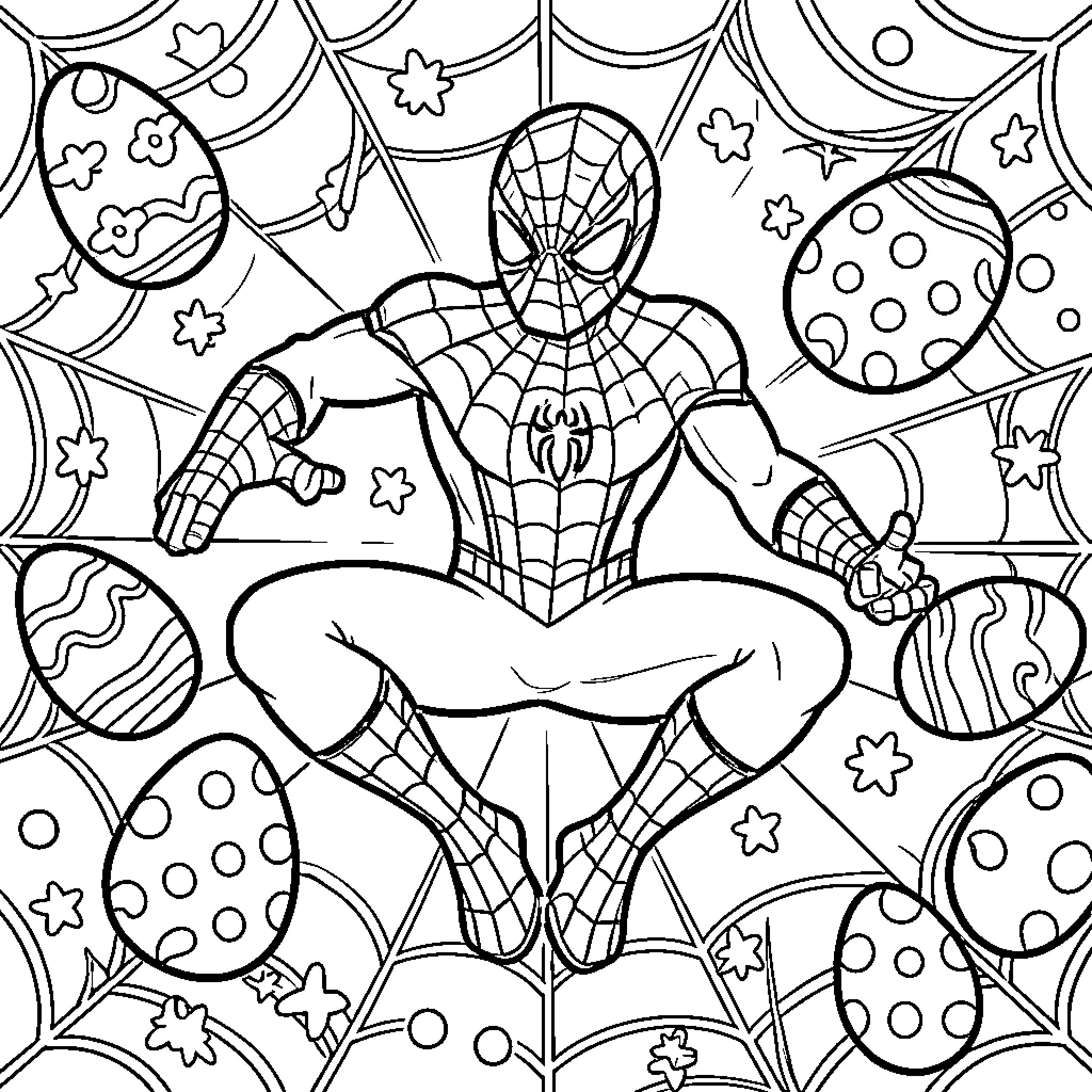 Spider-Man surrounded by Easter eggs and webs Coloring Page (free black-and-white line drawing printable PDF for all, from beginners to advanced learners, including children, teens, adults, and seniors)
