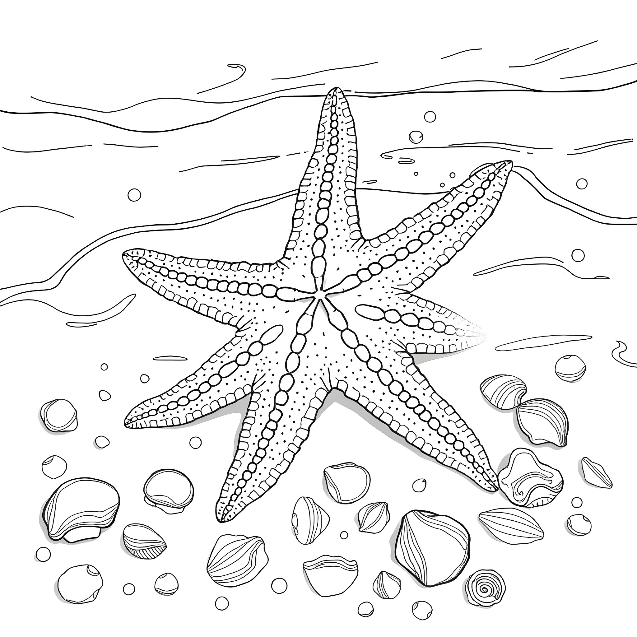Starfish resting amidst seashells on the ocean floor Coloring Page (free black-and-white line drawing printable PDF for all, from beginners to advanced learners, including children, teens, adults, and seniors)