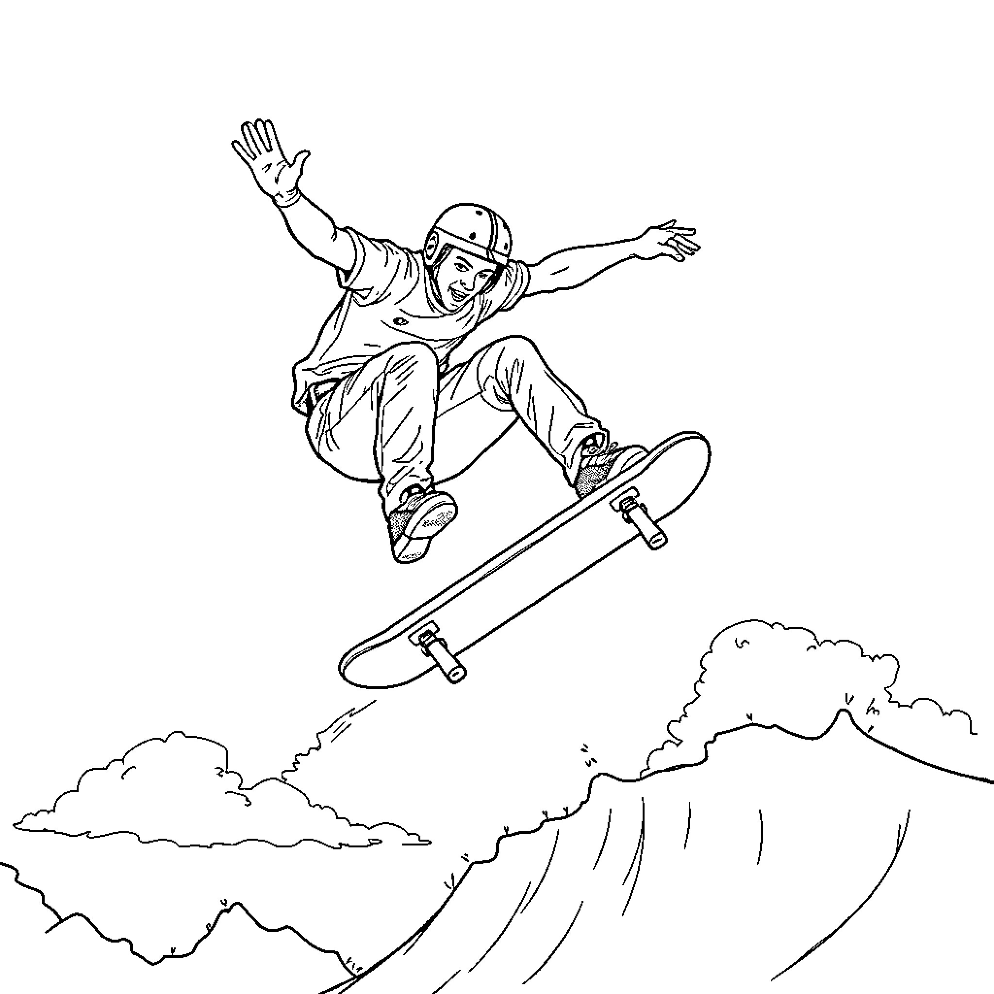 Skateboarder performing aerial trick against mountain landscape Coloring Page (free black-and-white line drawing printable PDF for all, from beginners to advanced learners, including children, teens, adults, and seniors)
