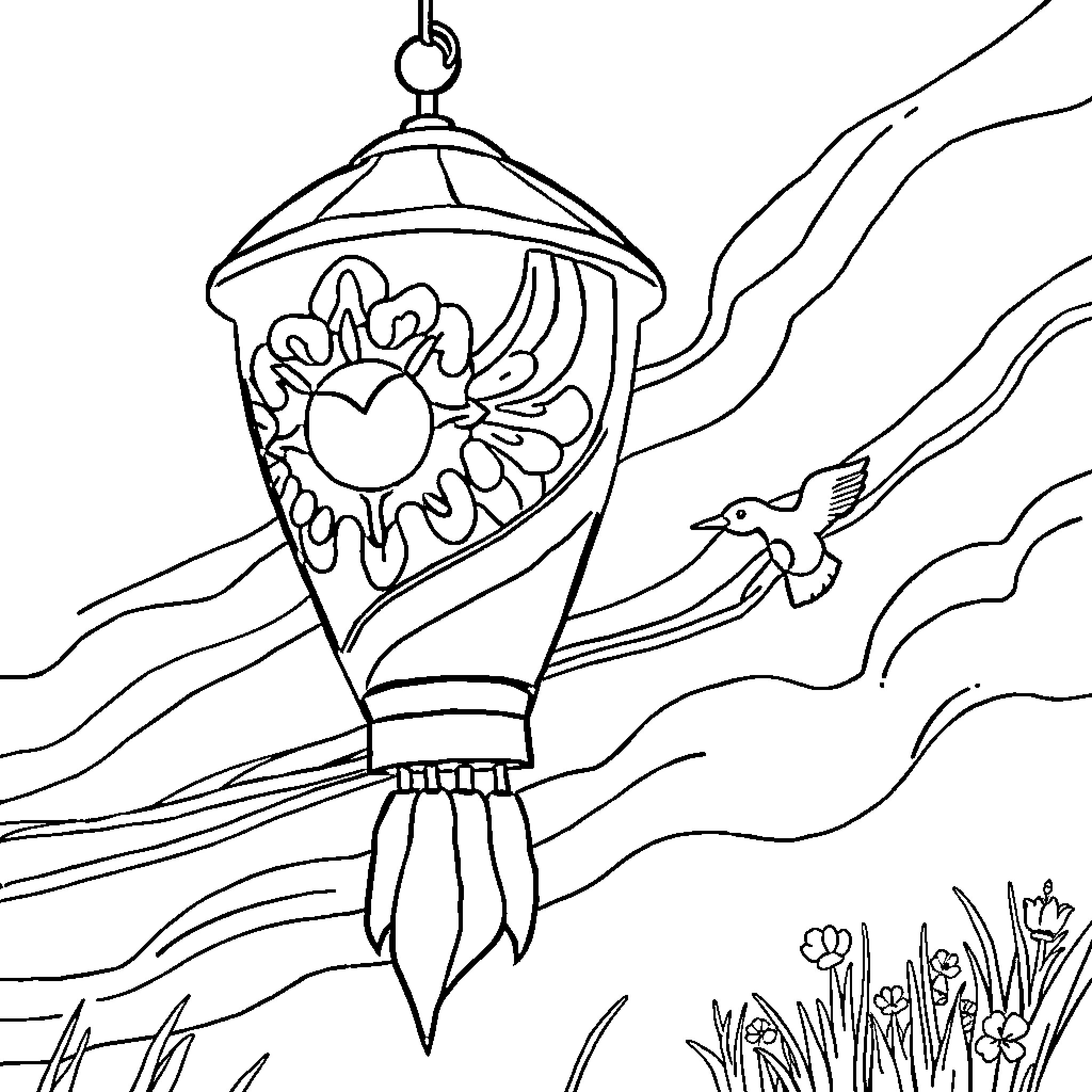 Lantern with floral designs and bird in flight Coloring Page (free black-and-white line drawing printable PDF for all, from beginners to advanced learners, including children, teens, adults, and seniors)