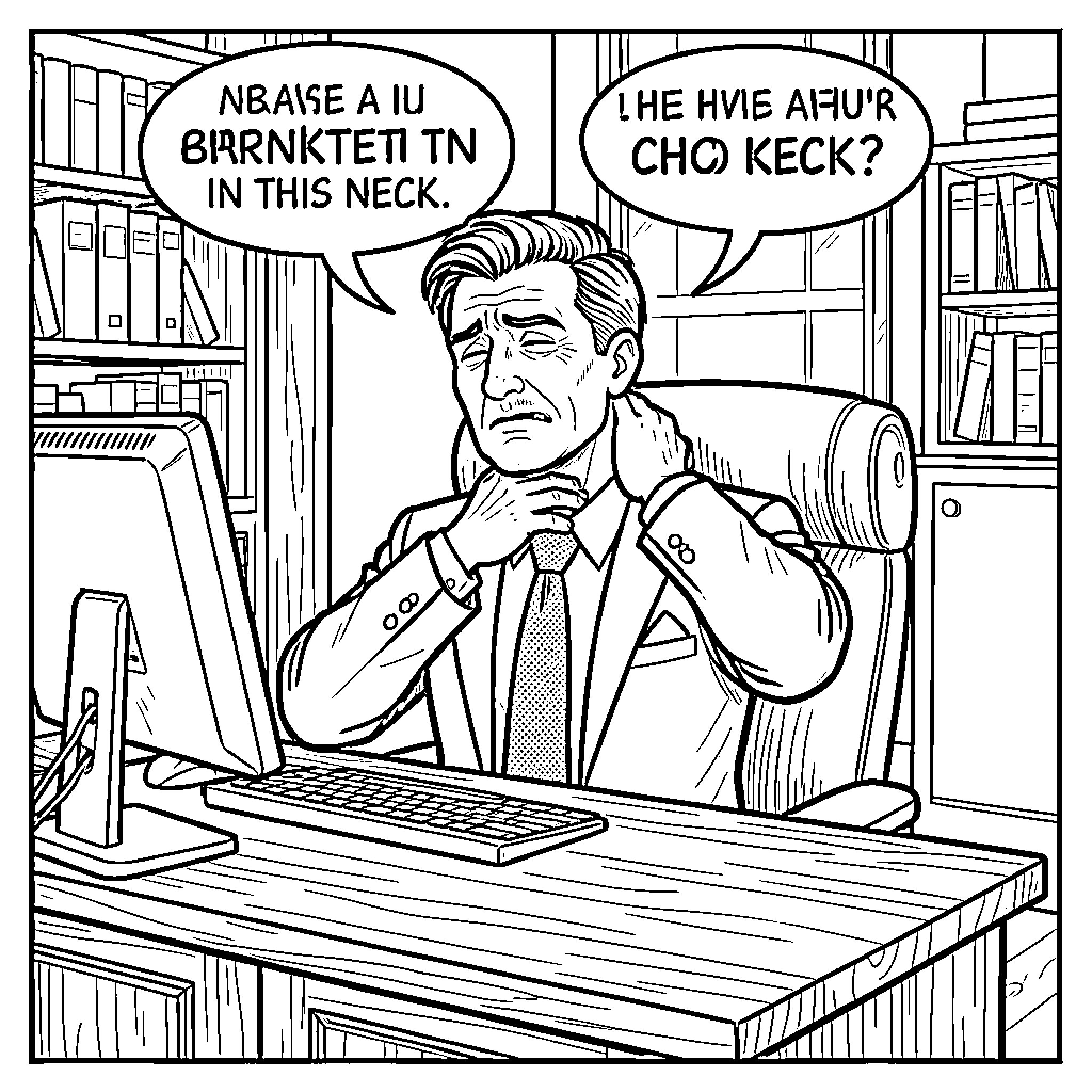 Banker contemplating a decision in his office Coloring Page (free black-and-white line drawing printable PDF for all, from beginners to advanced learners, including children, teens, adults, and seniors)
