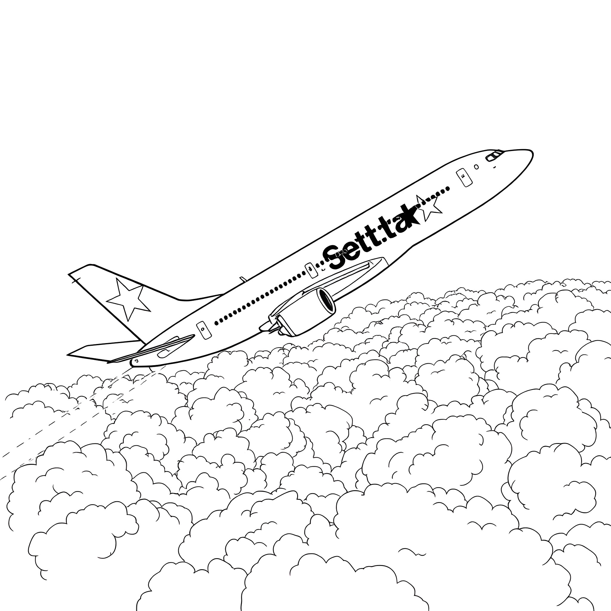 Jetstar airplane soaring through cloudy skies Coloring Page (free black-and-white line drawing printable PDF for all, from beginners to advanced learners, including children, teens, adults, and seniors)