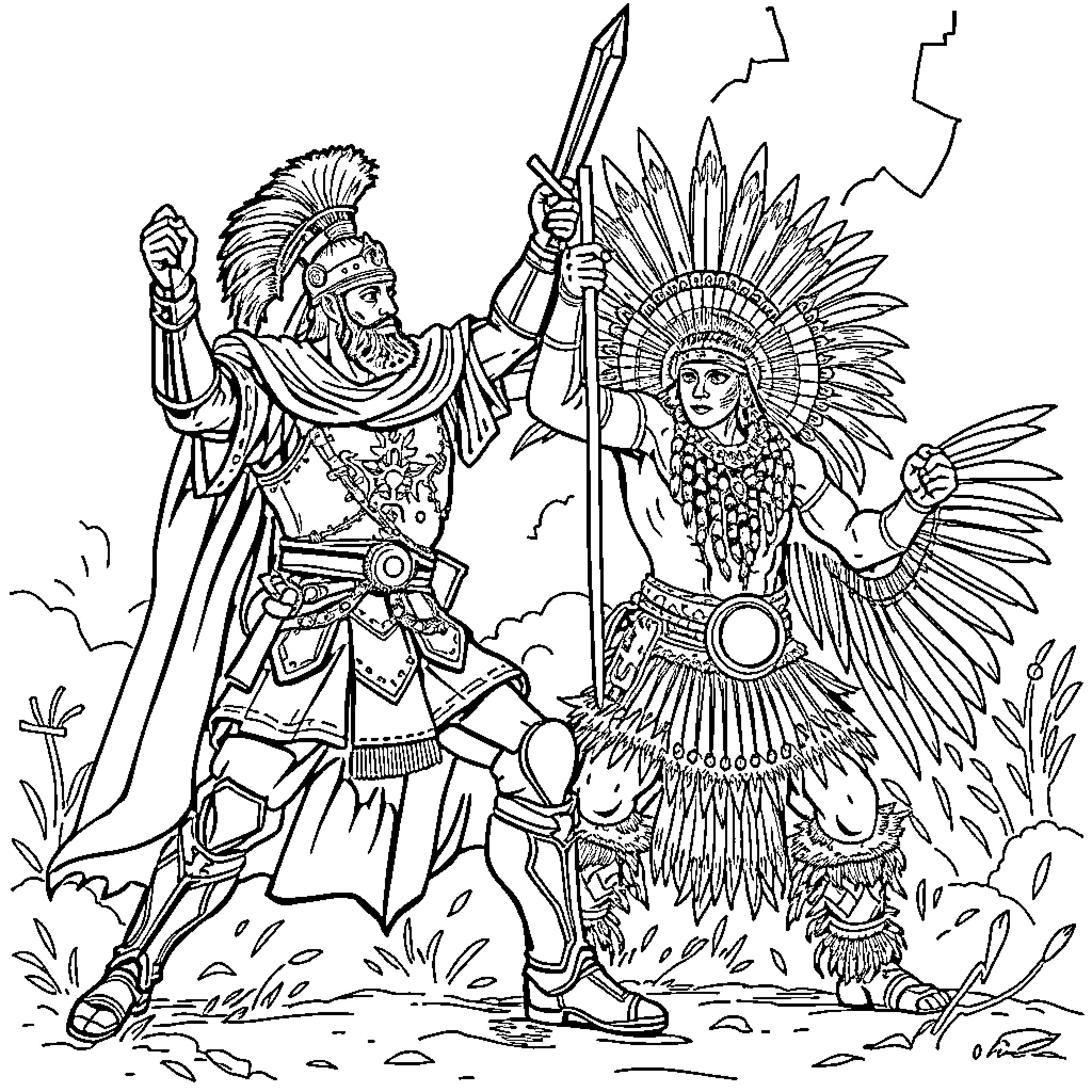 Conqueror Meets Fearless Indigenous Leader Coloring Page (free black-and-white line drawing printable PDF for all, from beginners to advanced learners, including children, teens, adults, and seniors)