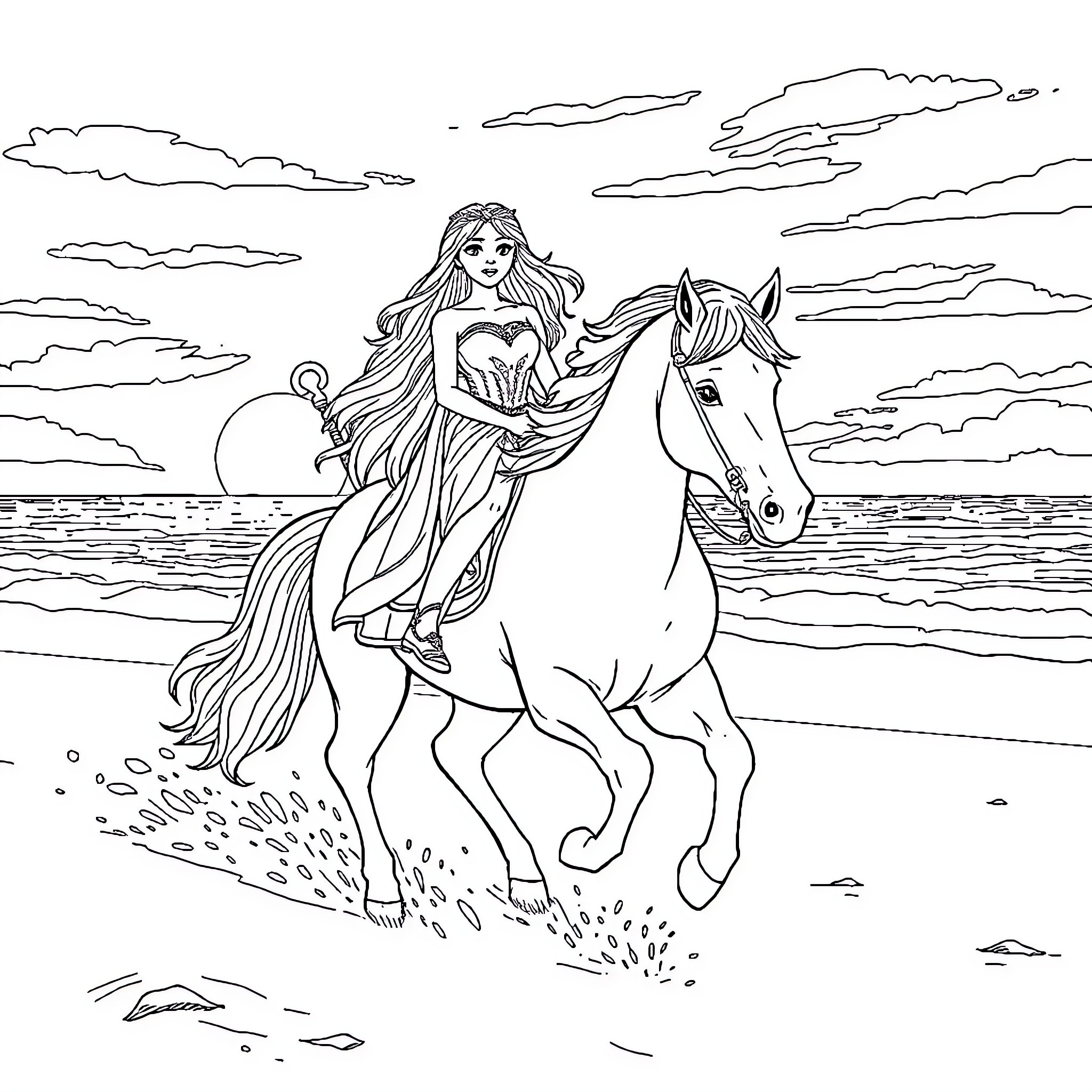 Princess riding a majestic horse along the beach Coloring Page (free black-and-white line drawing printable PDF for all, from beginners to advanced learners, including children, teens, adults, and seniors)