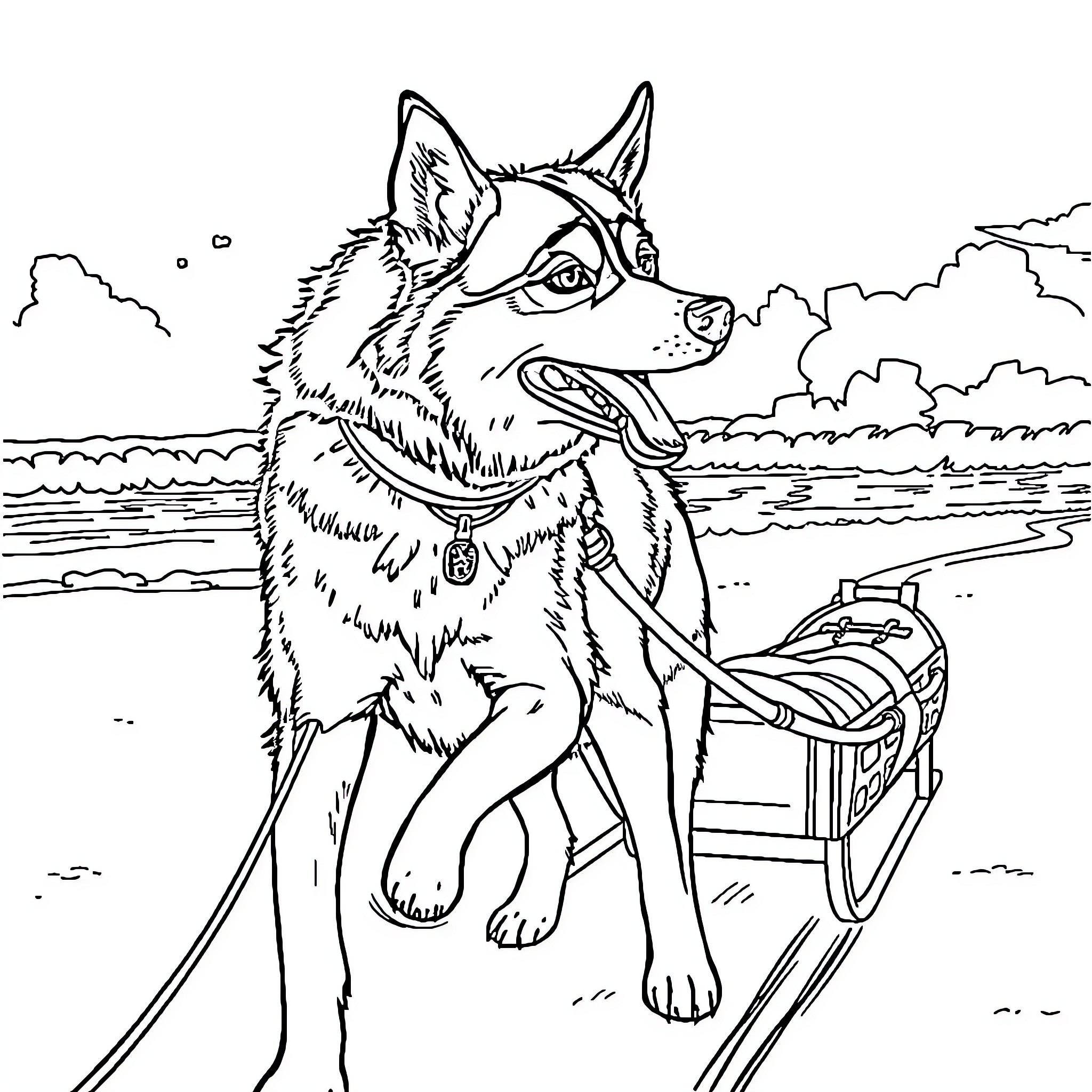 Husky dog pulling sled in winter landscape Coloring Page (free black-and-white line drawing printable PDF for all, from beginners to advanced learners, including children, teens, adults, and seniors)