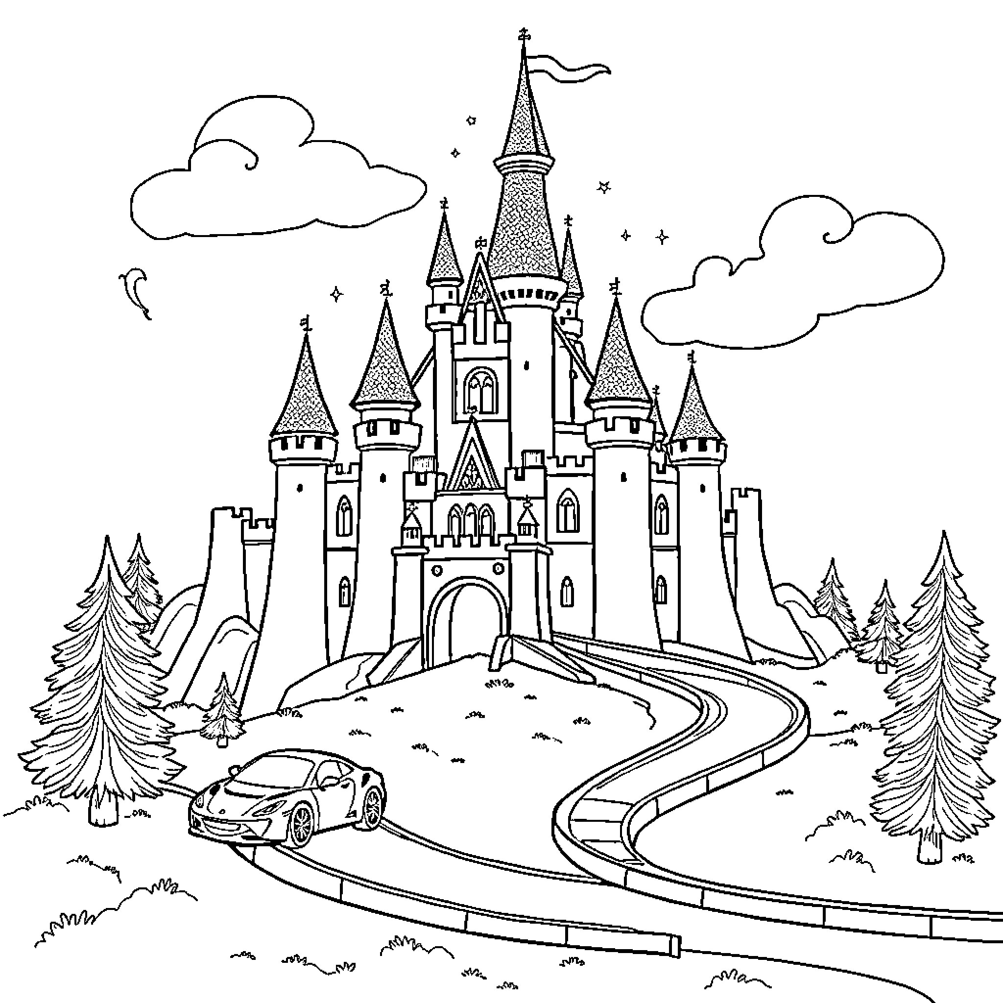 Castle with Winding Road and Evergreen Trees Coloring Page (free black-and-white line drawing printable PDF for all, from beginners to advanced learners, including children, teens, adults, and seniors)