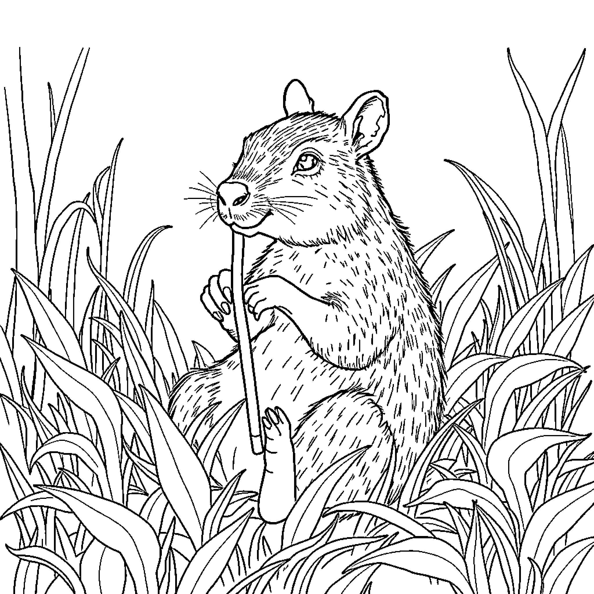 Capybara exploring the grassy wilderness Coloring Page (free black-and-white line drawing printable PDF for all, from beginners to advanced learners, including children, teens, adults, and seniors)