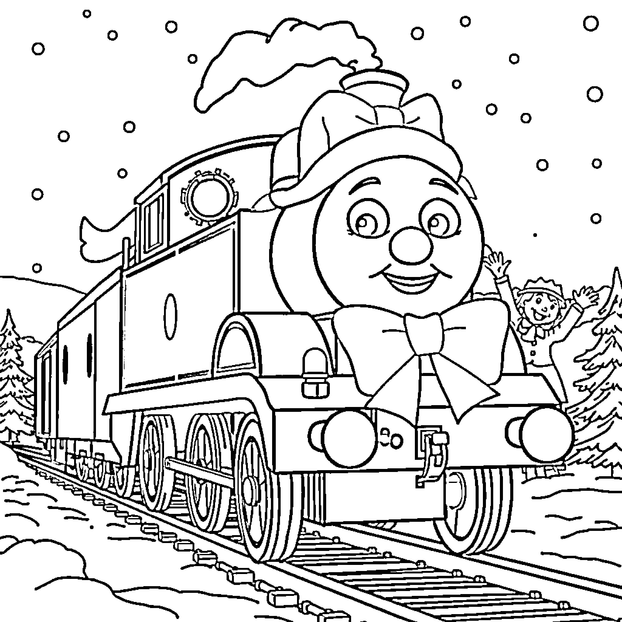 Thomas Travels Through Snowy Landscape Coloring Page (free black-and-white line drawing printable PDF for all, from beginners to advanced learners, including children, teens, adults, and seniors)