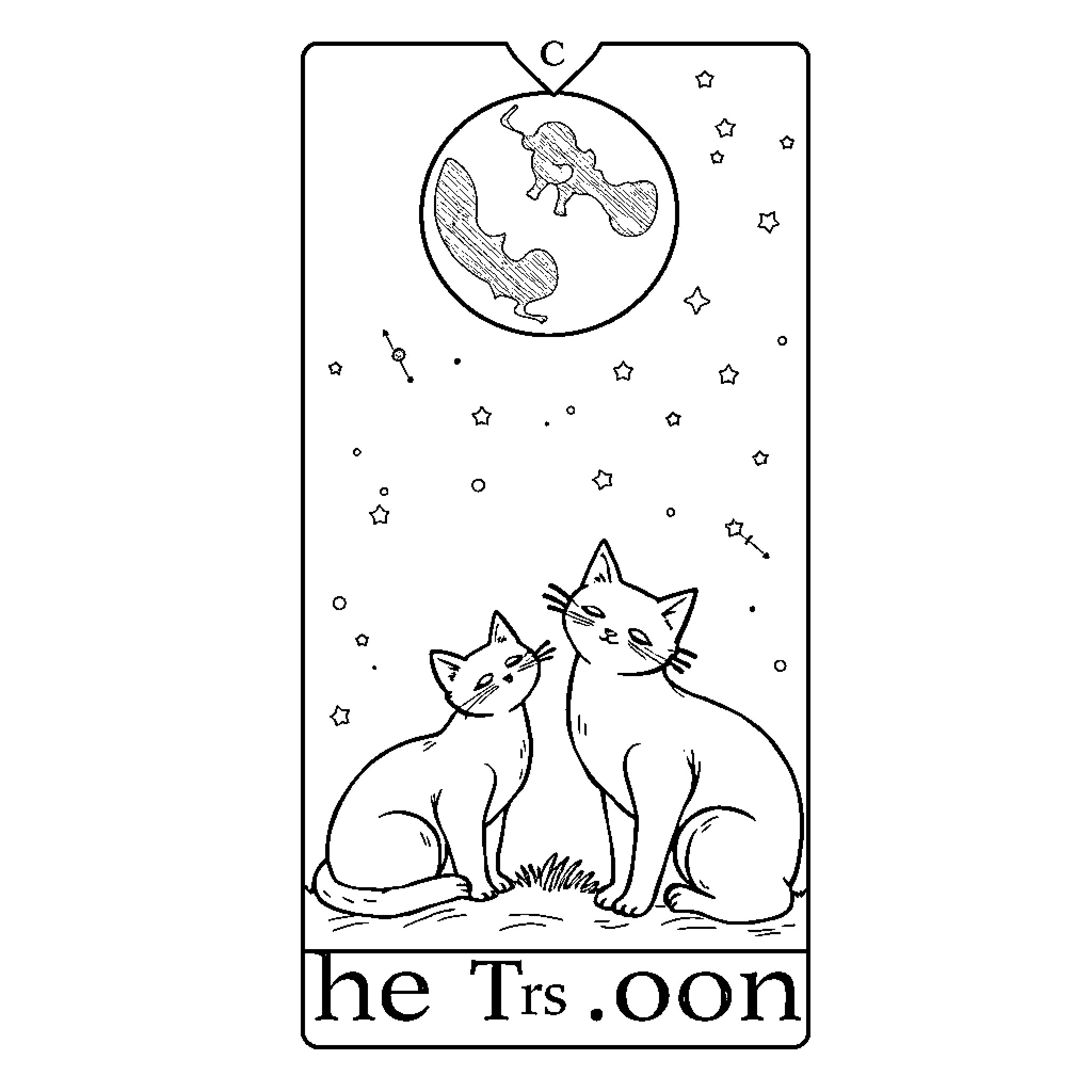 Cat Tarot: The Trs.oon Coloring Page (free black-and-white line drawing printable PDF for all, from beginners to advanced learners, including children, teens, adults, and seniors)