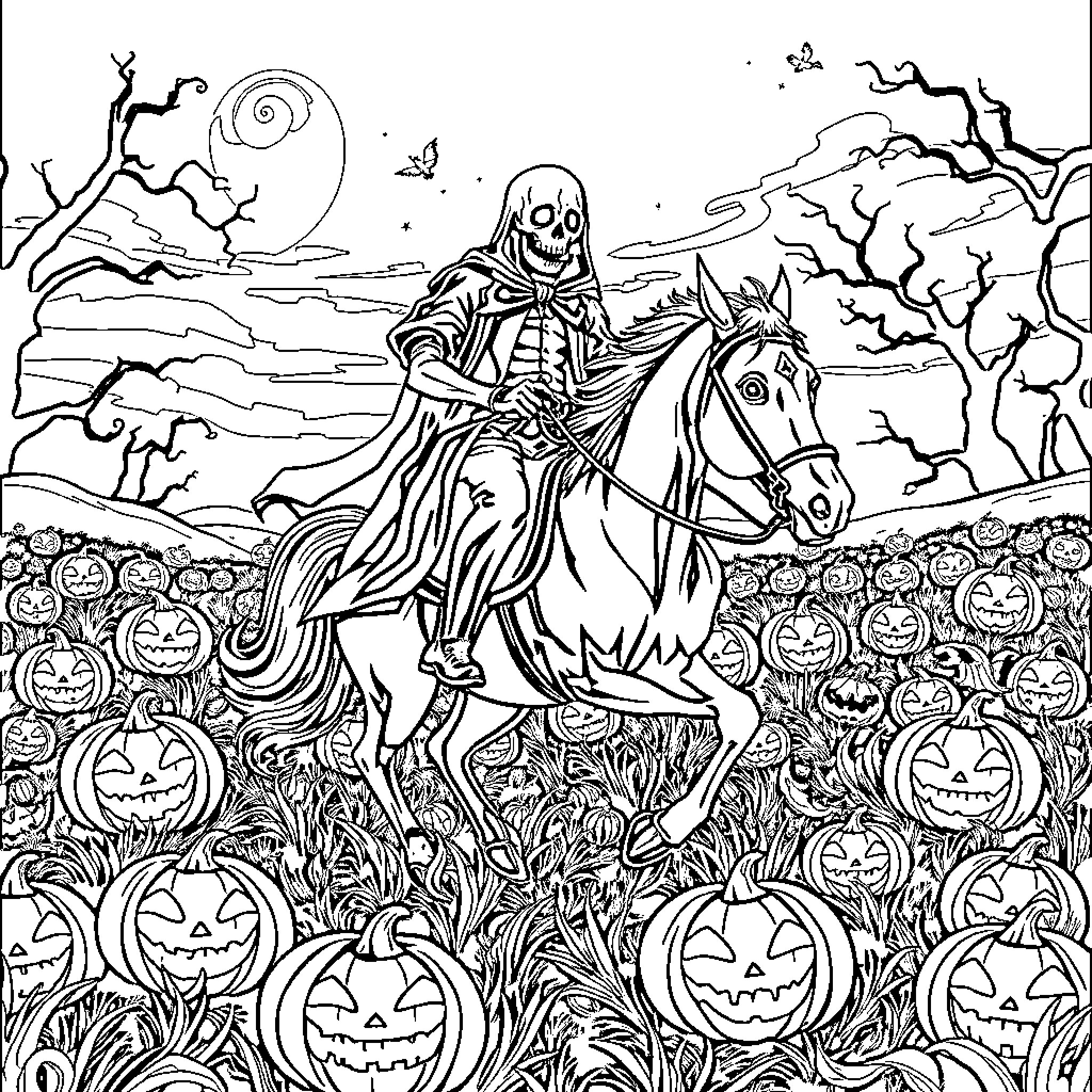 Horseman riding through a spooky pumpkin patch Coloring Page (free black-and-white line drawing printable PDF for all, from beginners to advanced learners, including children, teens, adults, and seniors)