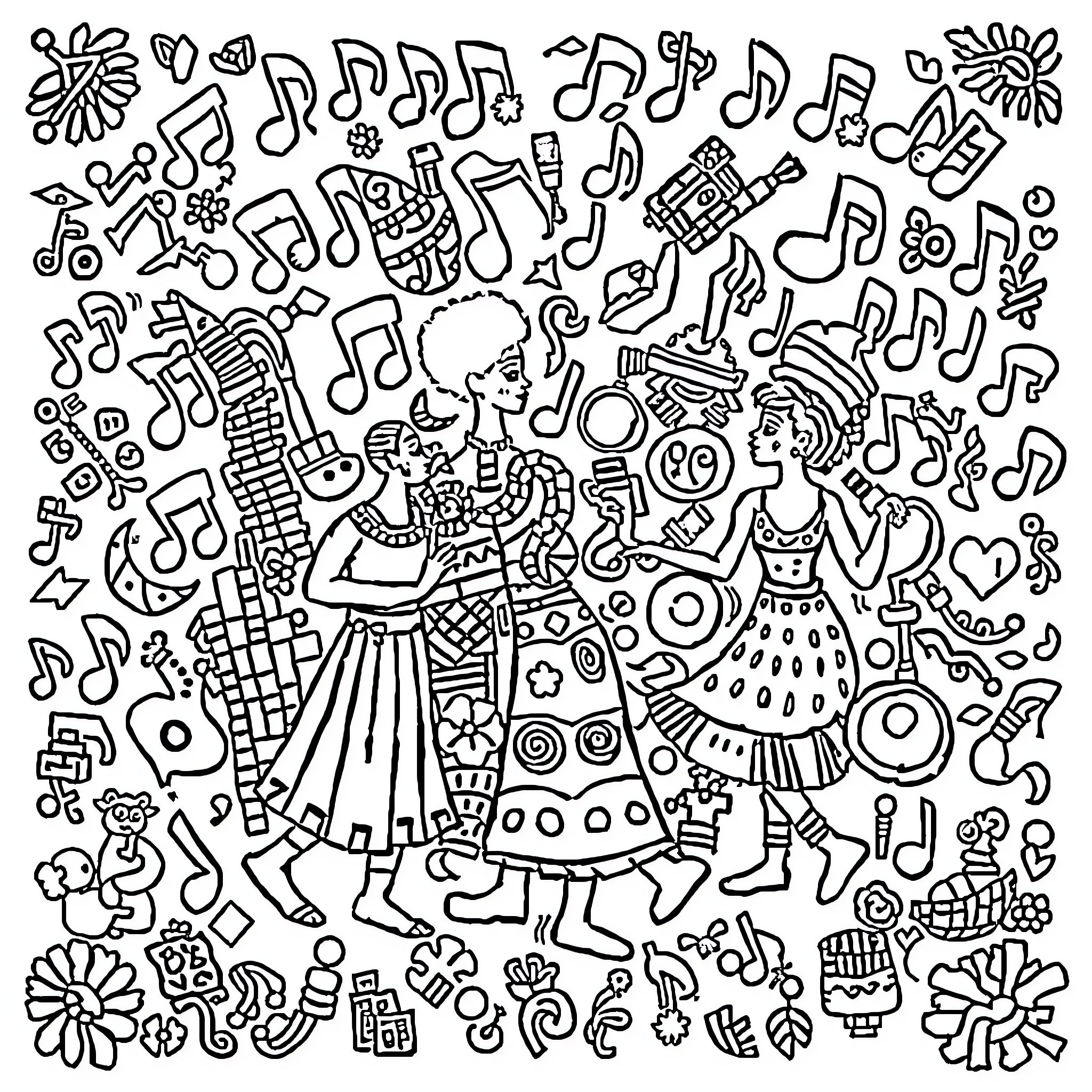 African-American Women Celebrating Music and Dance Coloring Page (free black-and-white line drawing printable PDF for all, from beginners to advanced learners, including children, teens, adults, and seniors)