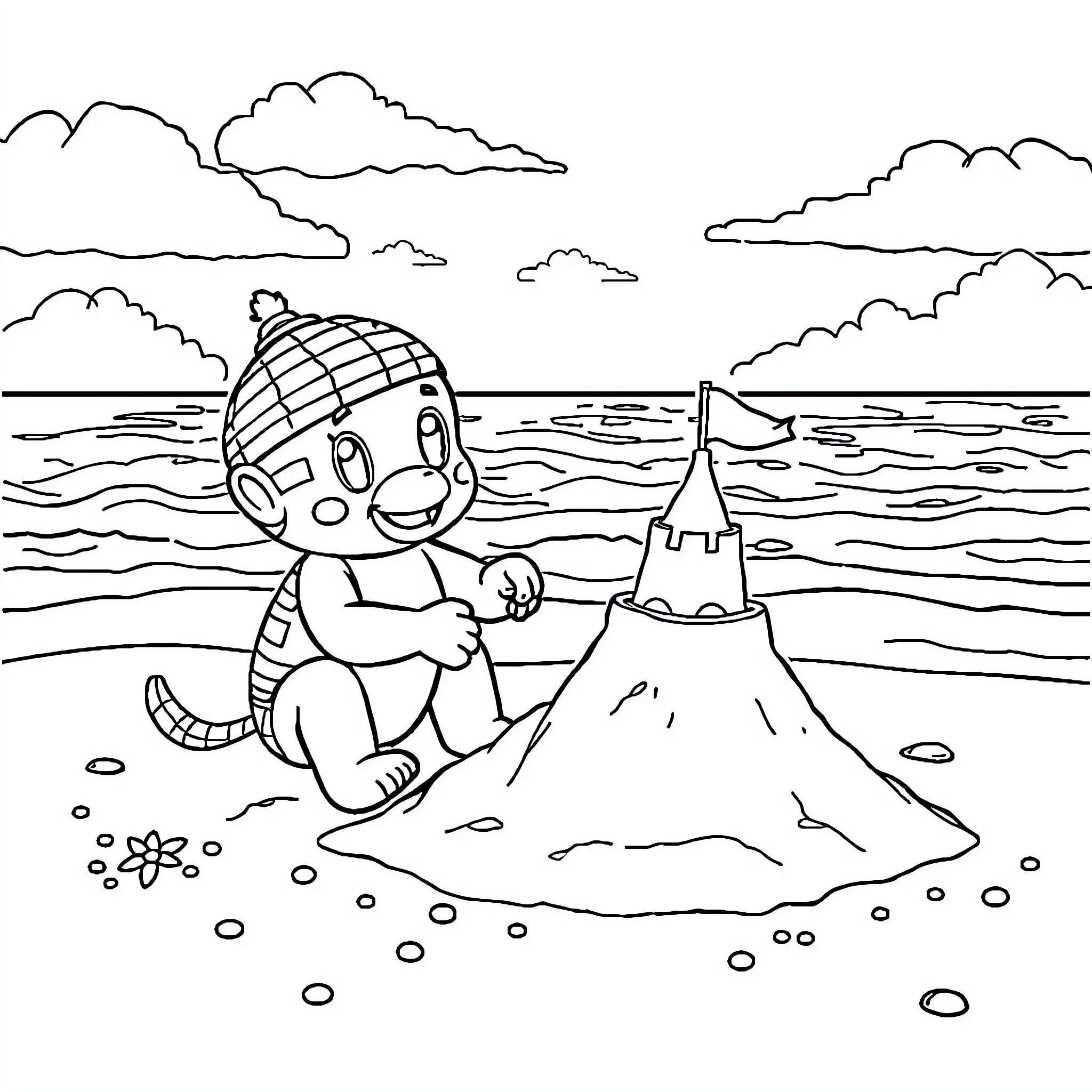 Labubu enjoys a day at the beach with sandcastle Coloring Page (free black-and-white line drawing printable PDF for all, from beginners to advanced learners, including children, teens, adults, and seniors)